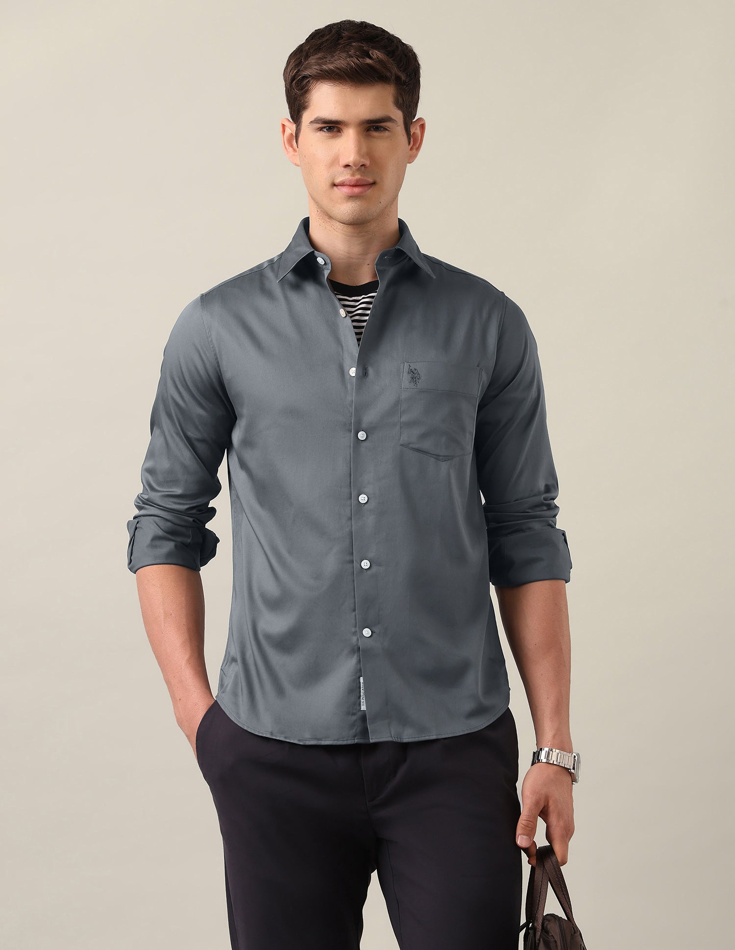 Satin Tailored Fit Shirt Light Grey - U.S. Polo Assn. India | Large