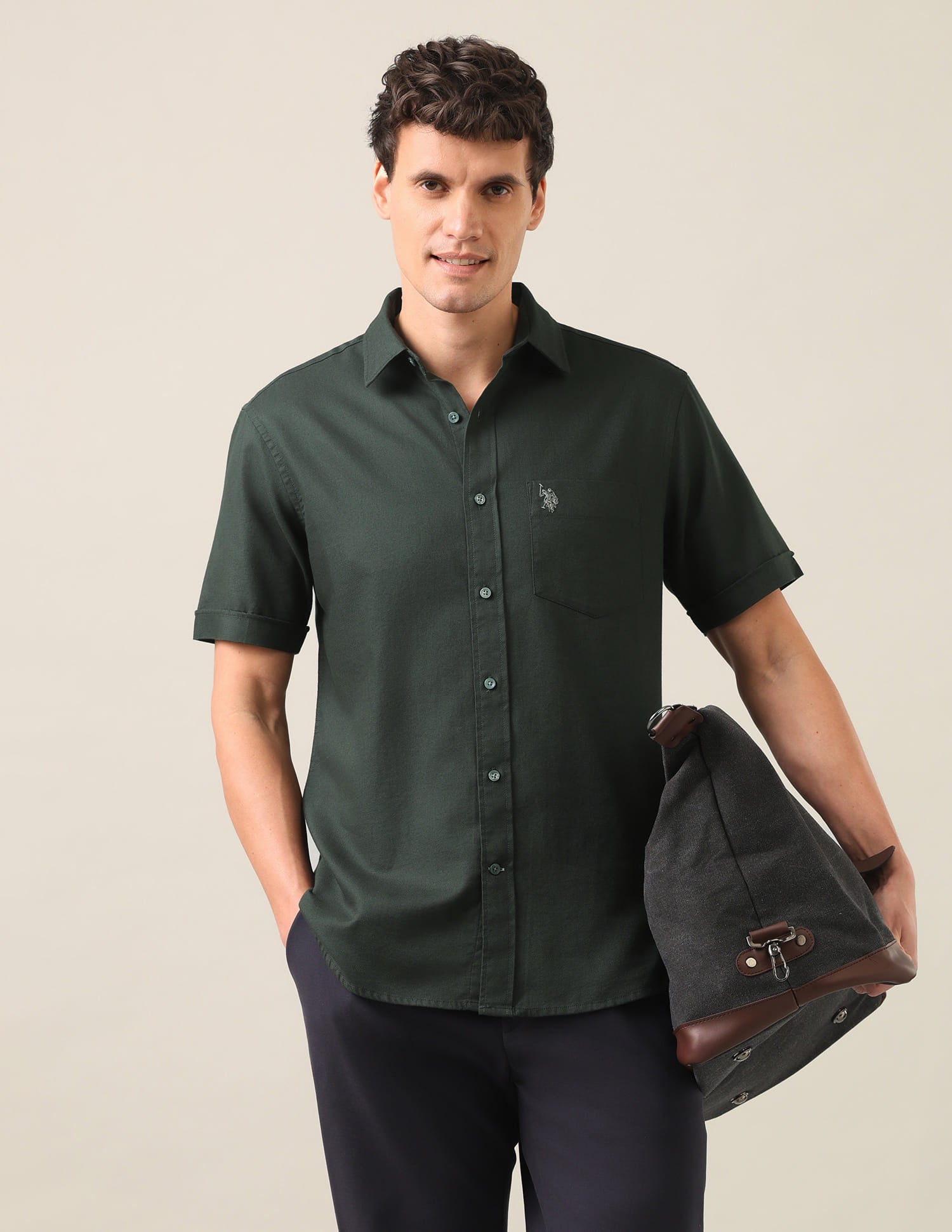 Solid Dobby Shirt Dark Green - U.S. Polo Assn. India | Large