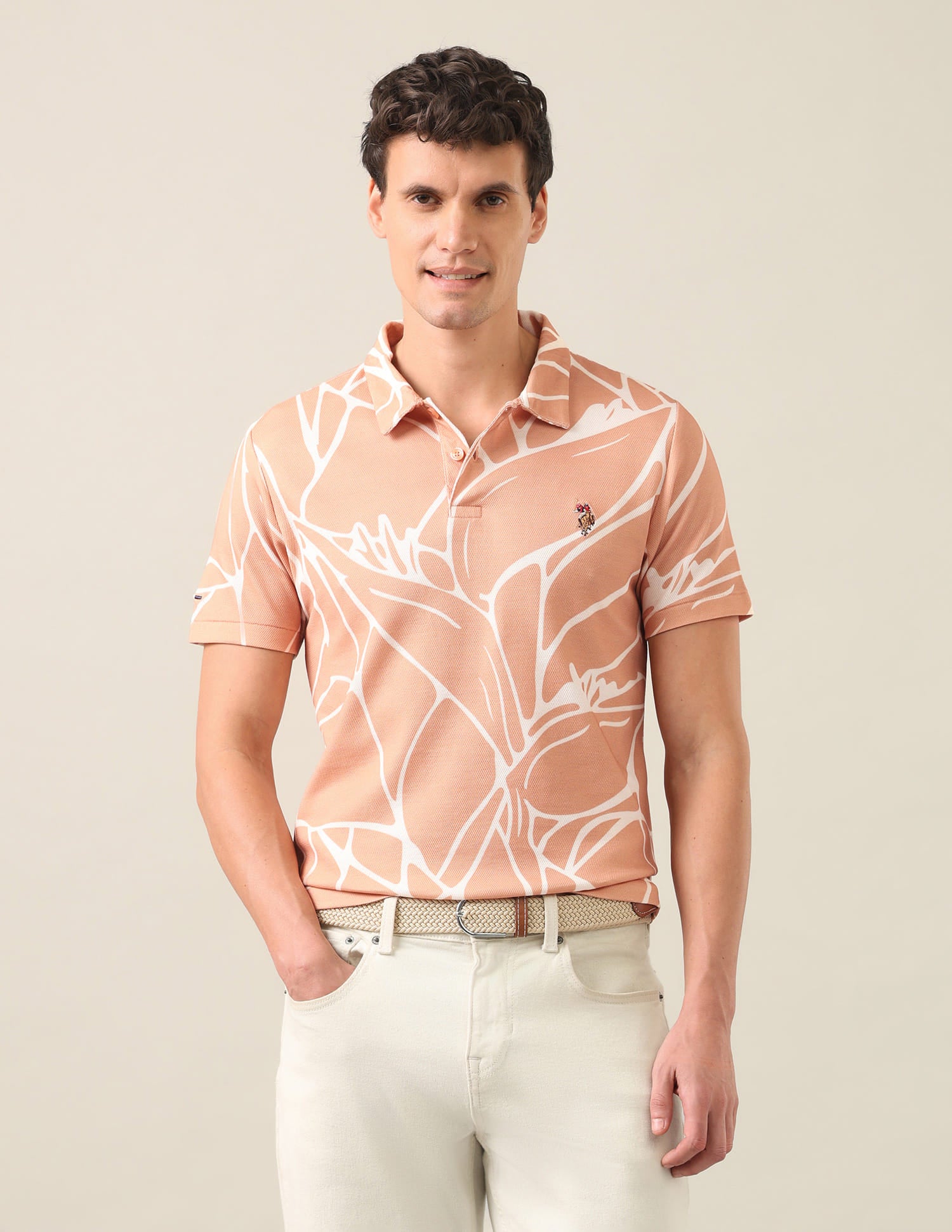 Abstract Printed Slim Fit Polo Shirt Light Orange - U.S. Polo Assn. India | Large