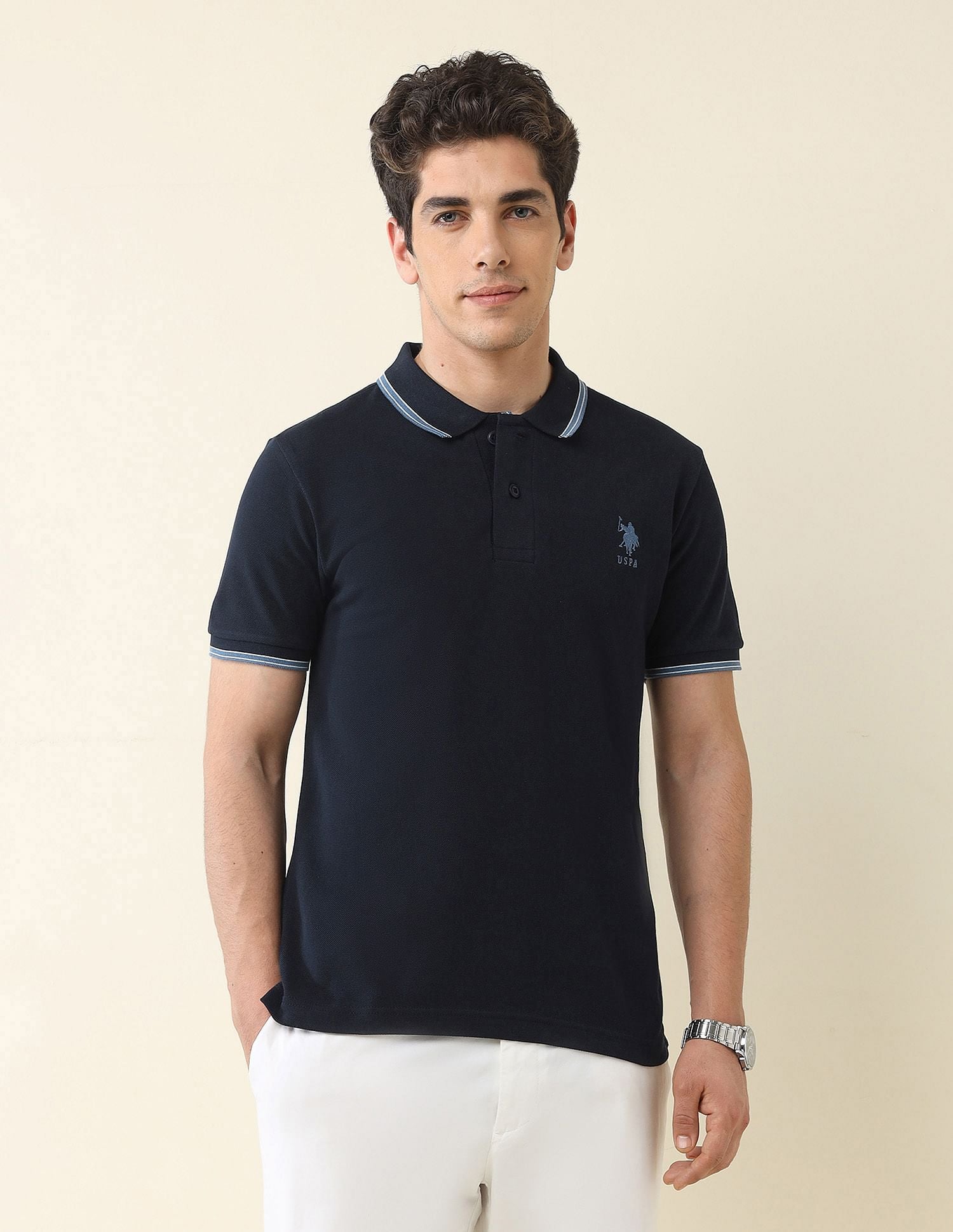 Slim Fit Solid Polo Shirt Navy - U.S. Polo Assn. India | Large