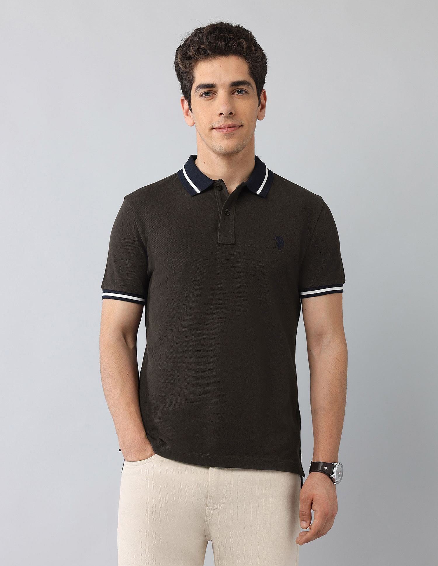 Muscle Fit Solid Polo Shirt Dark Brown - U.S. Polo Assn. India | Large