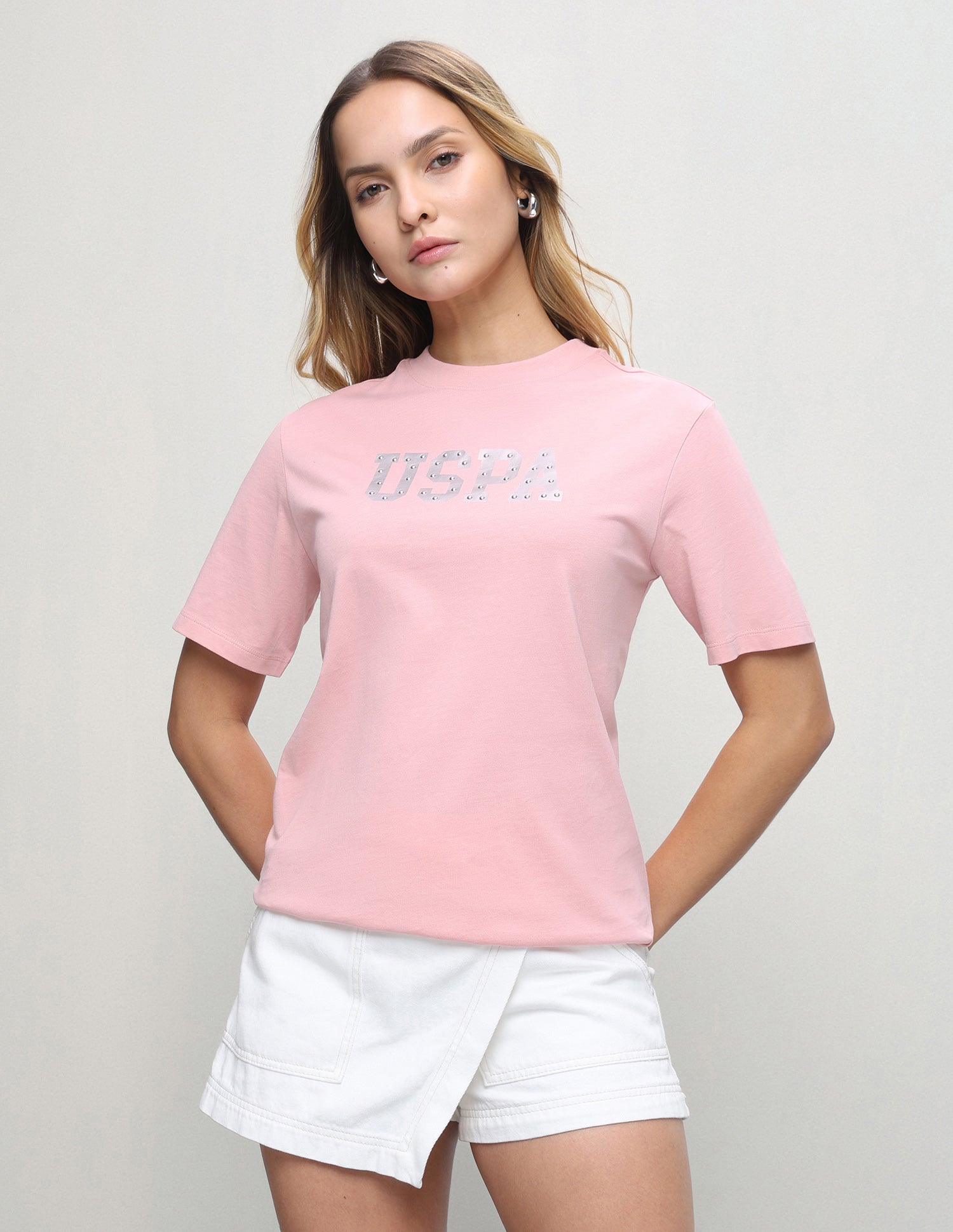 Brand Embellished Boxy Fit T-Shirt Light Pink - U.S. Polo Assn. India | Large