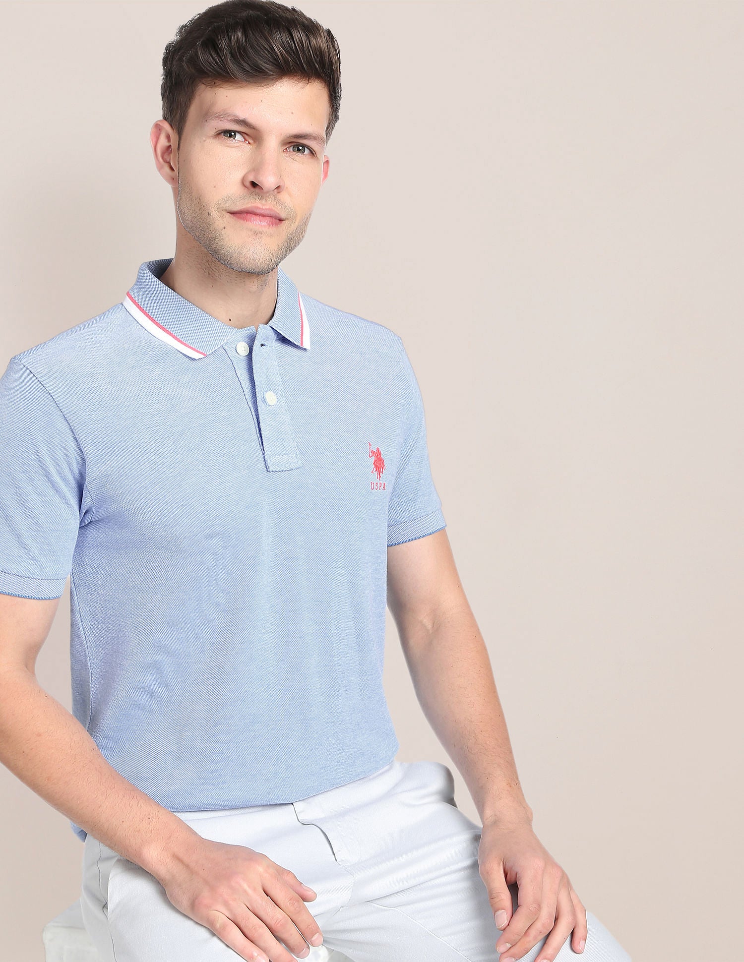 Striped Collar Birdseye Polo Shirt Light Blue - U.S. Polo Assn. India | Large