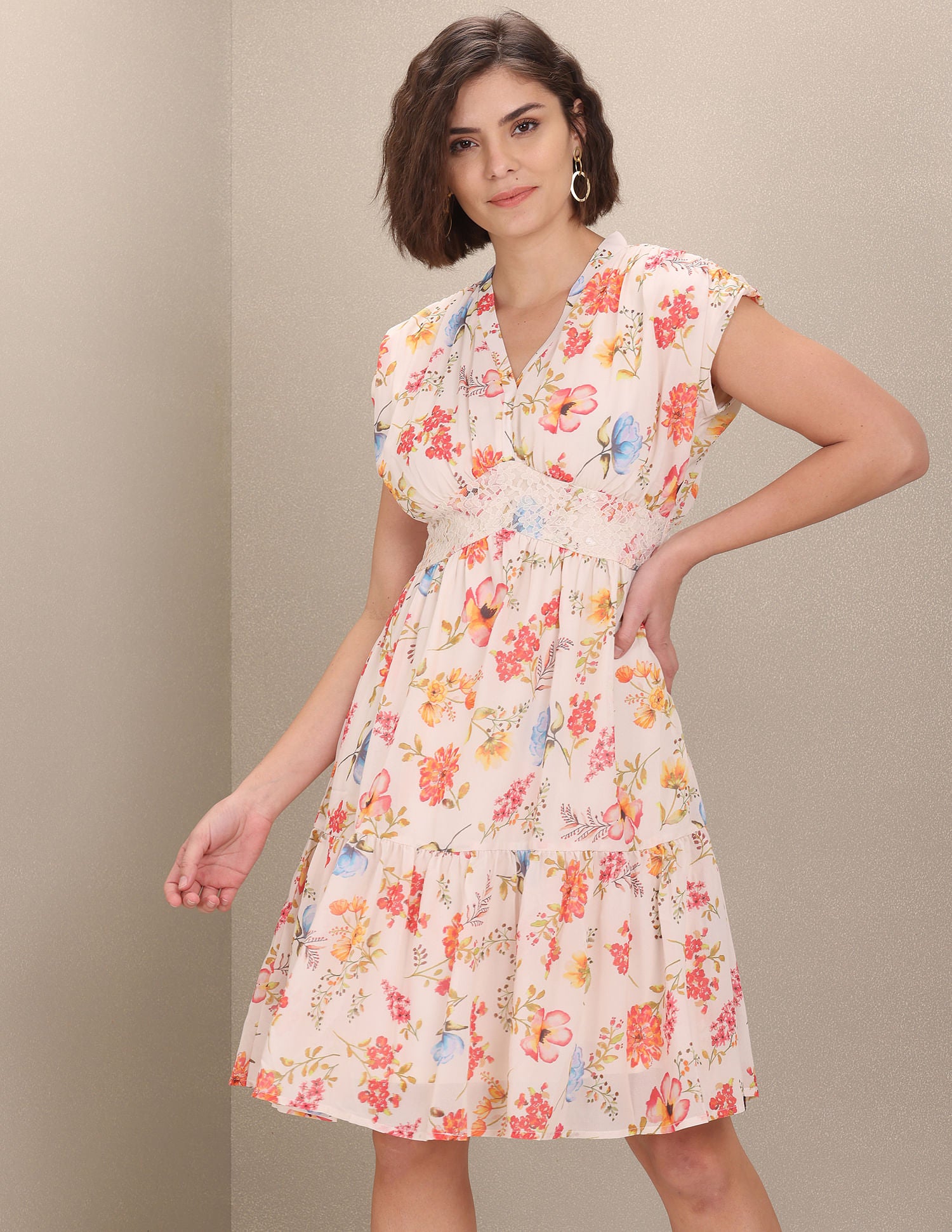 Lace Floral Print Empire Waist Dress