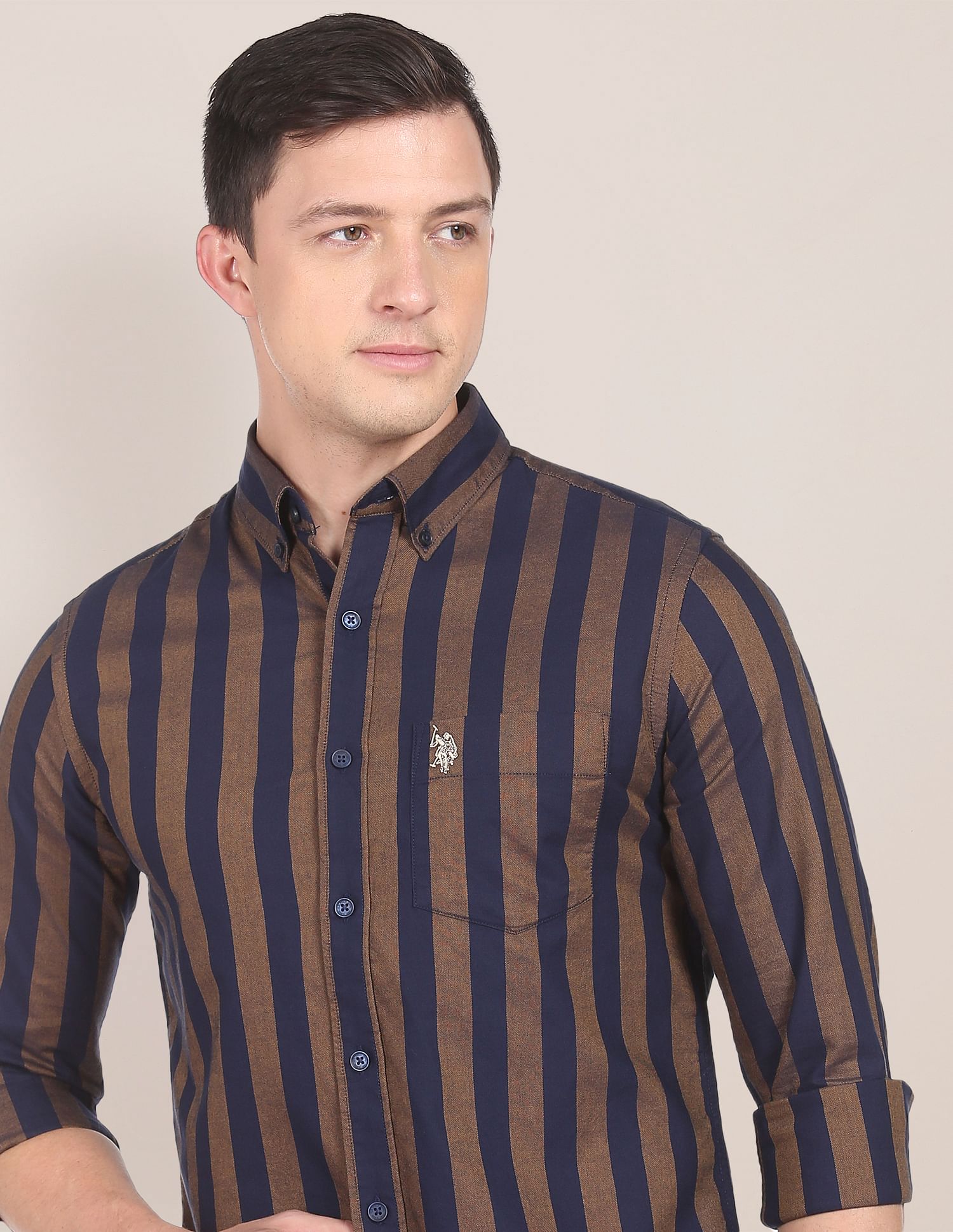 Vertical Stripe Oxford Casual Shirt Brown and Navy - U.S. Polo Assn. India | Large