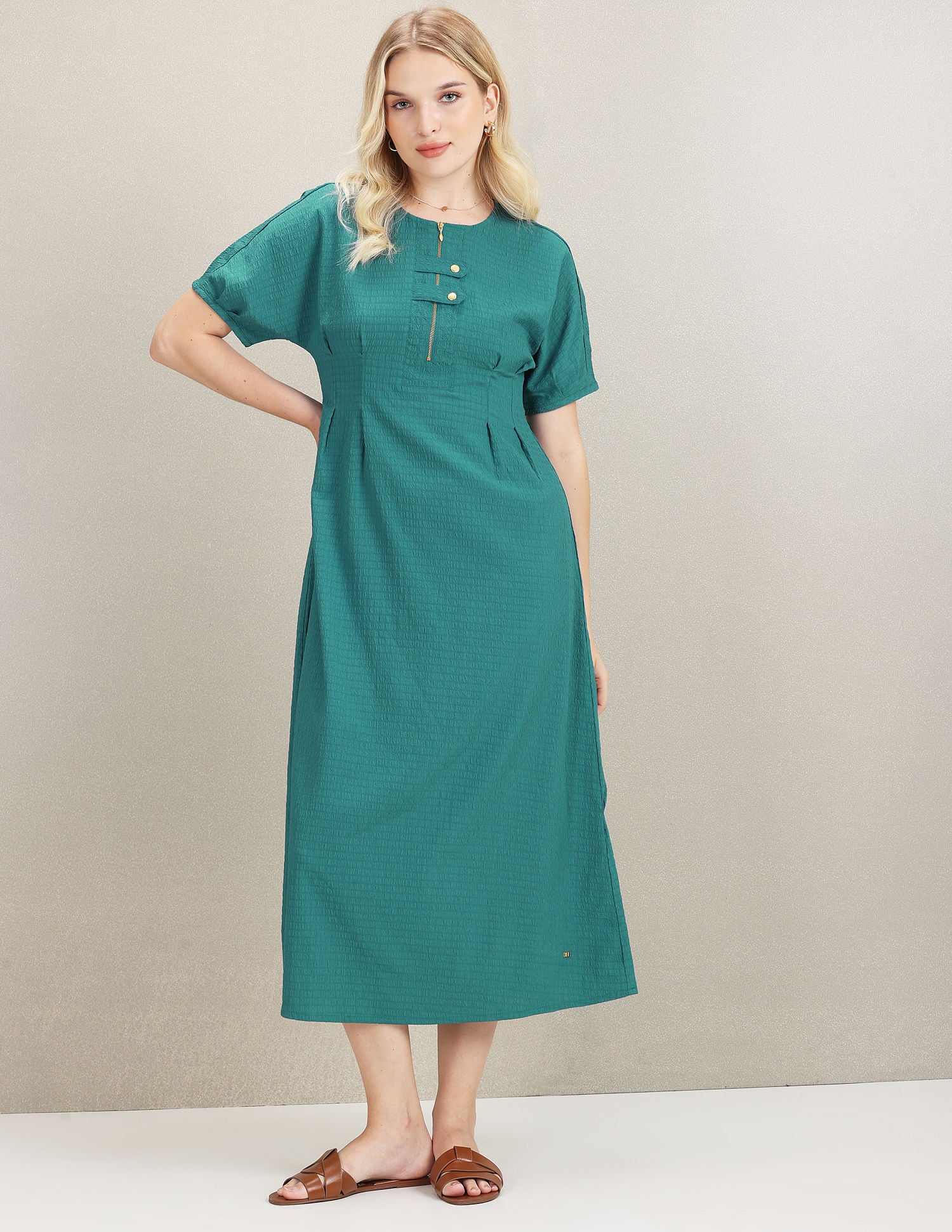 Textured Fit And Flare Midi Dress Teal - U.S. Polo Assn. India | Large