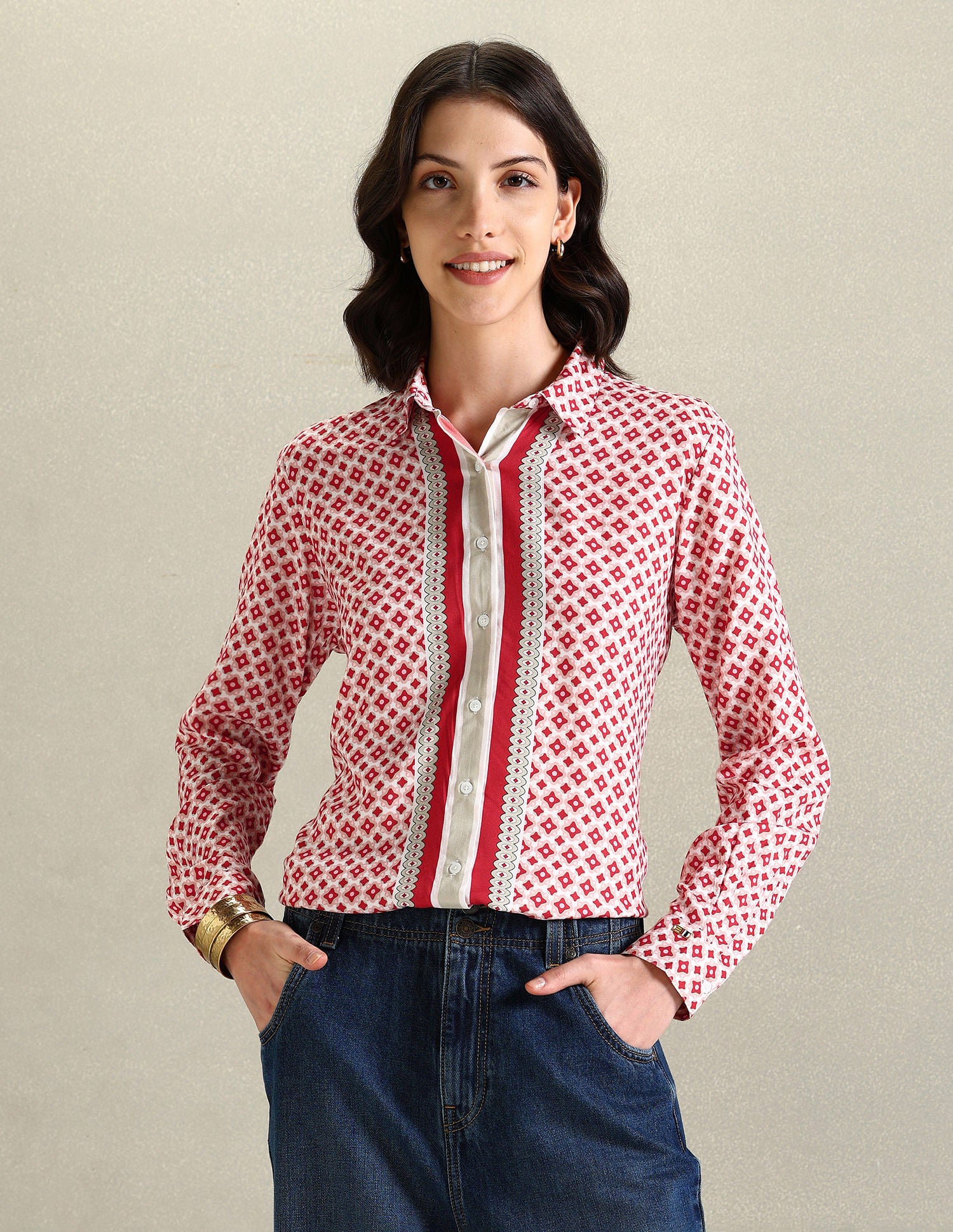 Spread Collar Geometric Print Shirt