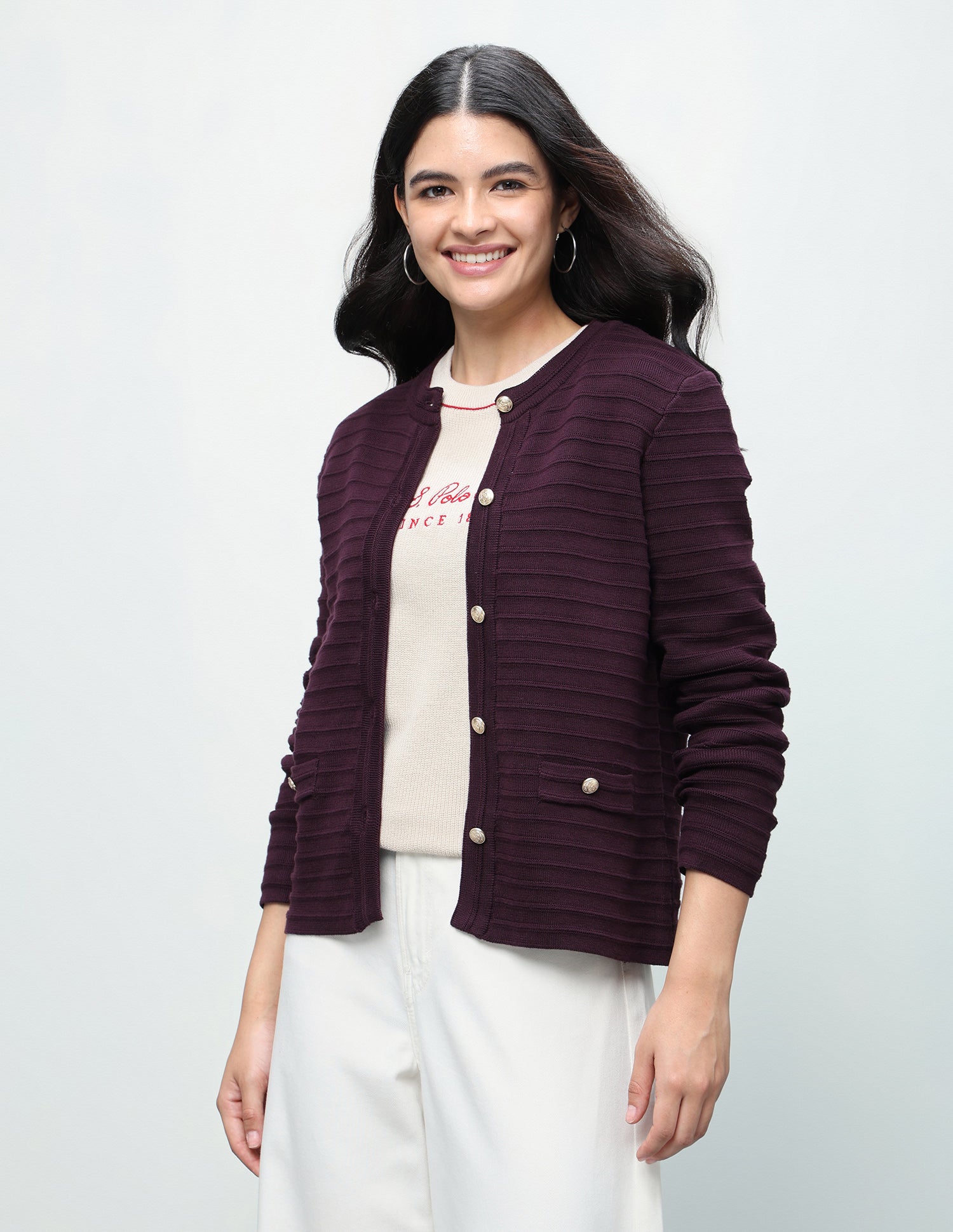 Patterned Knit Cardigan Sweater Wine - U.S. Polo Assn. India | Large