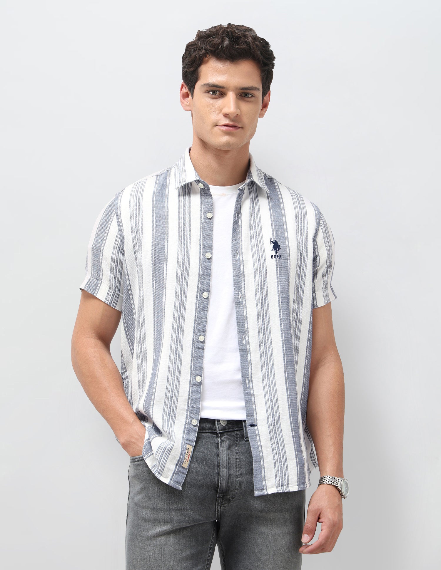 Dobby Vertical Striped Shirt Navy - U.S. Polo Assn. India | Large