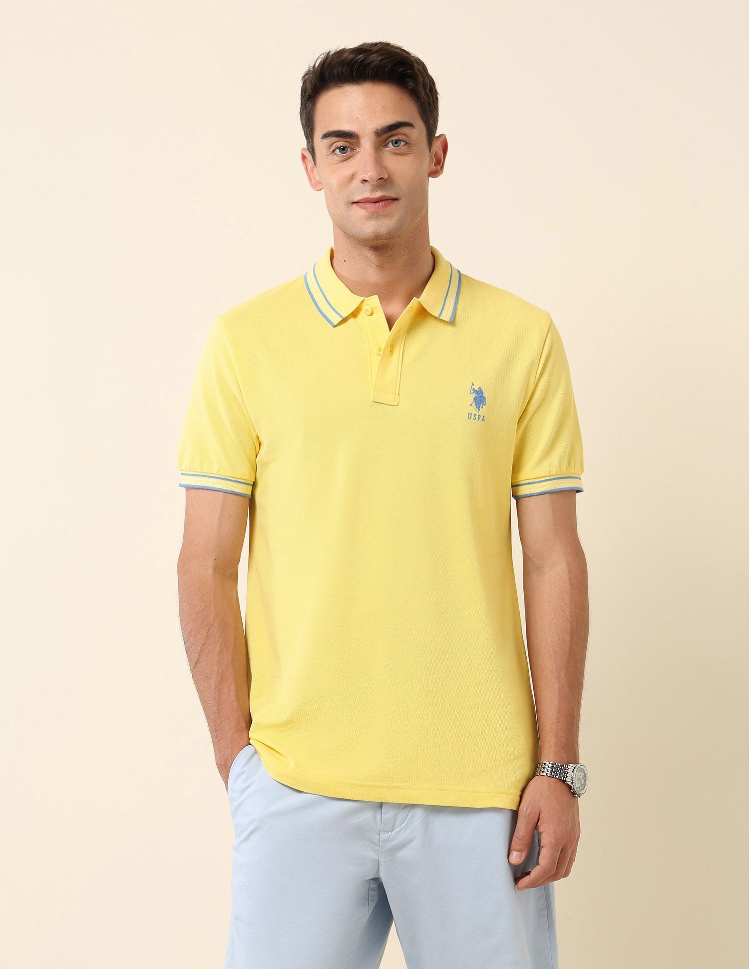 Slim Fit Solid Polo Shirt Yellow - U.S. Polo Assn. India | Large