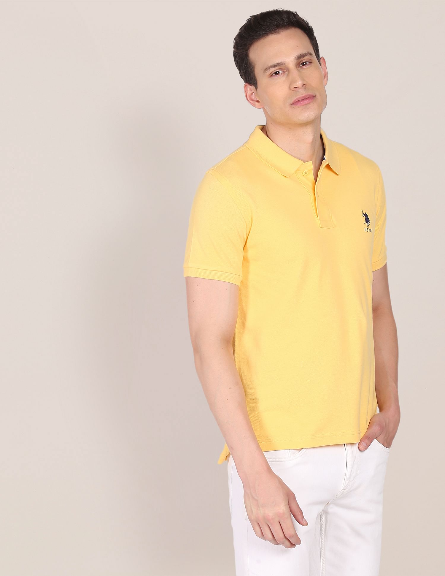 Ribbed Collar Solid Polo Shirt Yellow - U.S. POLO ASSN. | Large