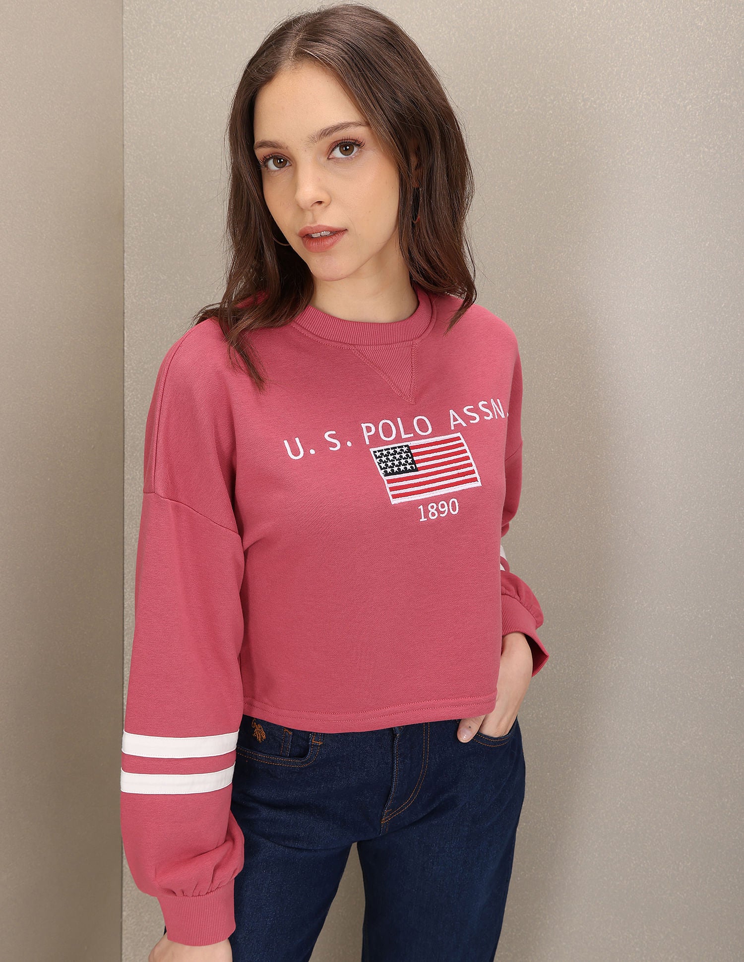 Crew Neck Brand Embroidered Sweatshirt Dark Pink - U.S. Polo Assn. India | Large
