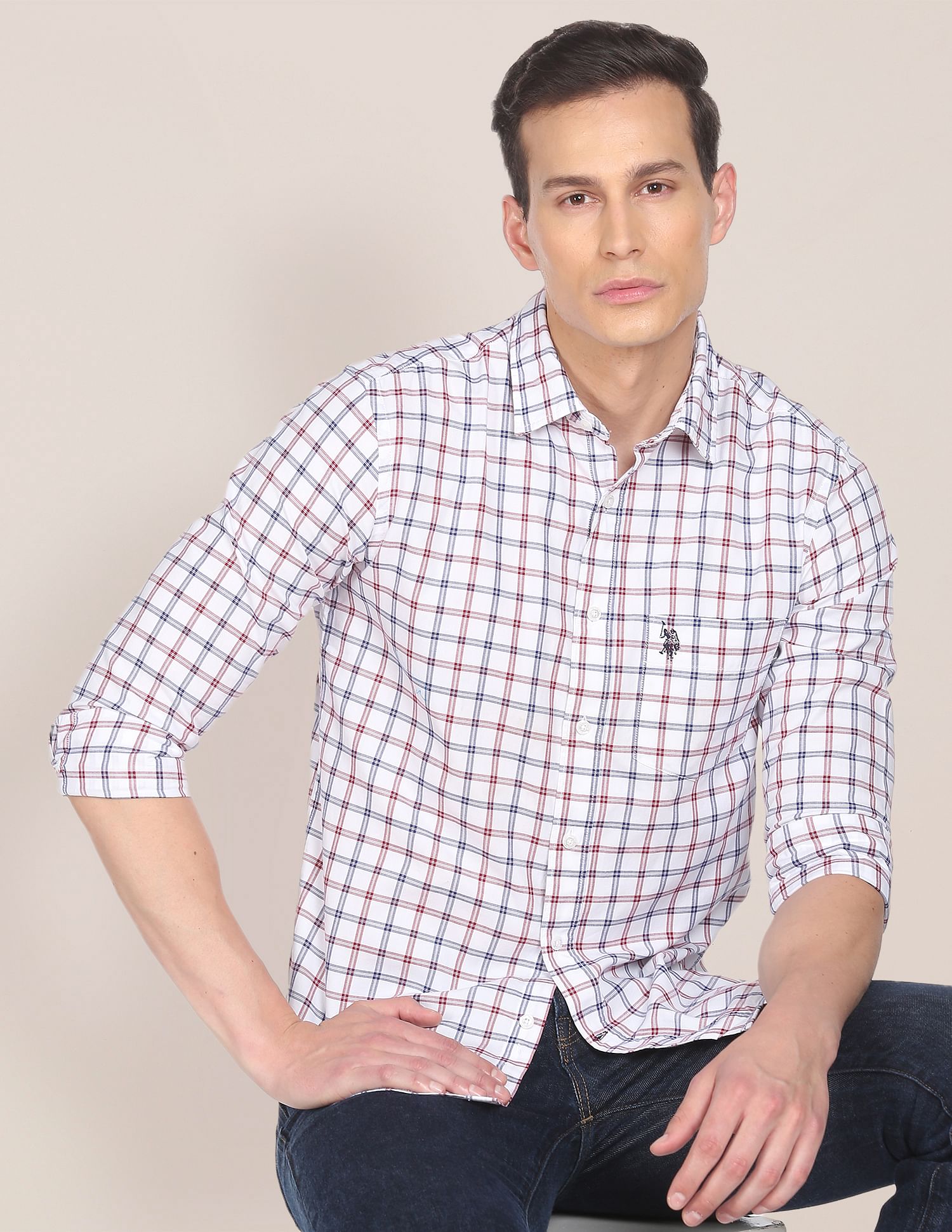 Men White Regular Fit Check Casual Shirt White - U.S. POLO ASSN. | Large