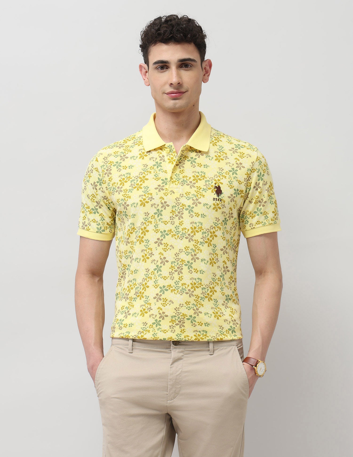 Pure Cotton Floral Printed Polo Shirt Yellow - U.S. Polo Assn. India | Large
