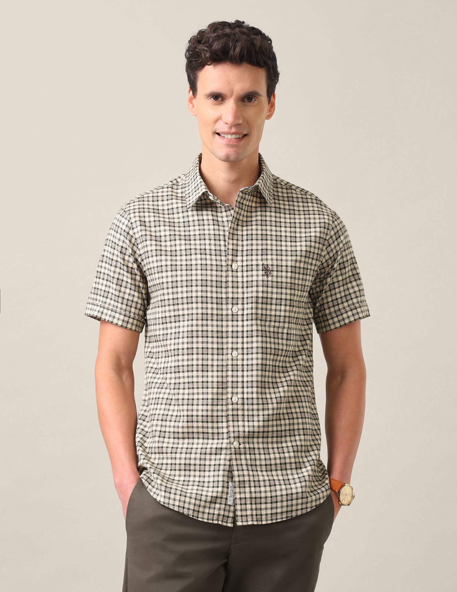 Plaid Checked Tailored Fit Shirt Olive Green - U.S. Polo Assn. India | Large