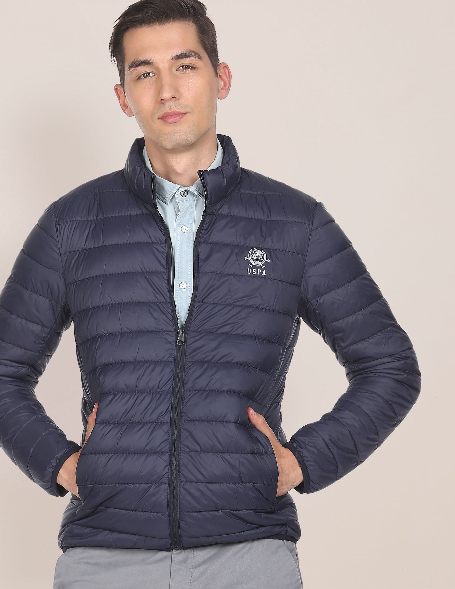 High Neck Nylon Solid Puffer Jacket Navy - U.S. POLO ASSN. | Large