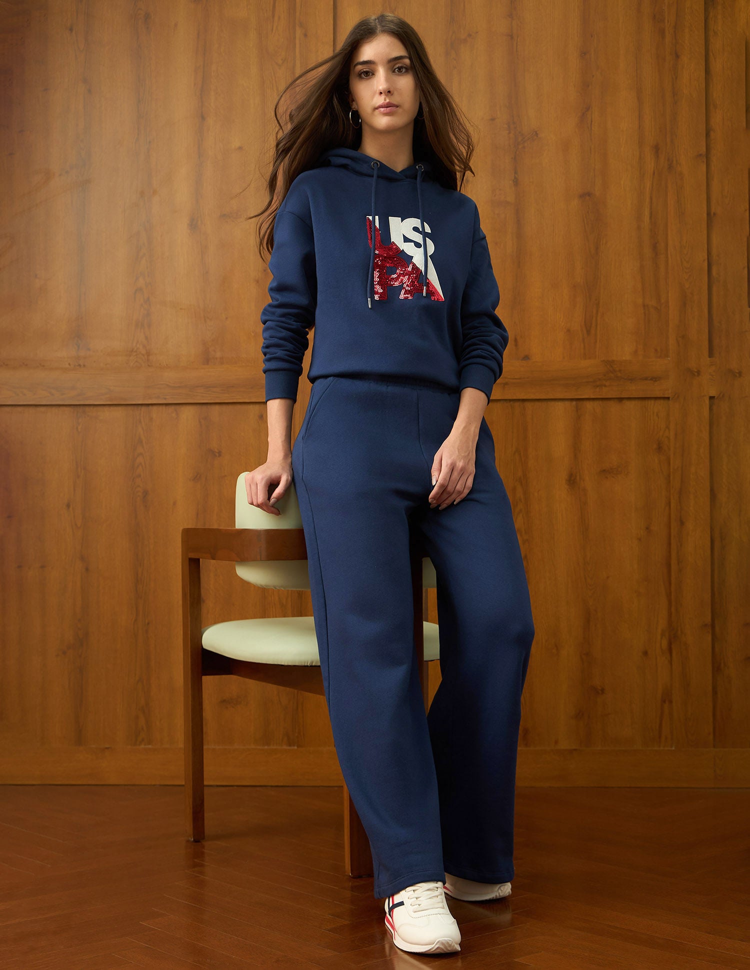 Wide Leg Fit Solid Trousers Blue - U.S. Polo Assn. India | Large