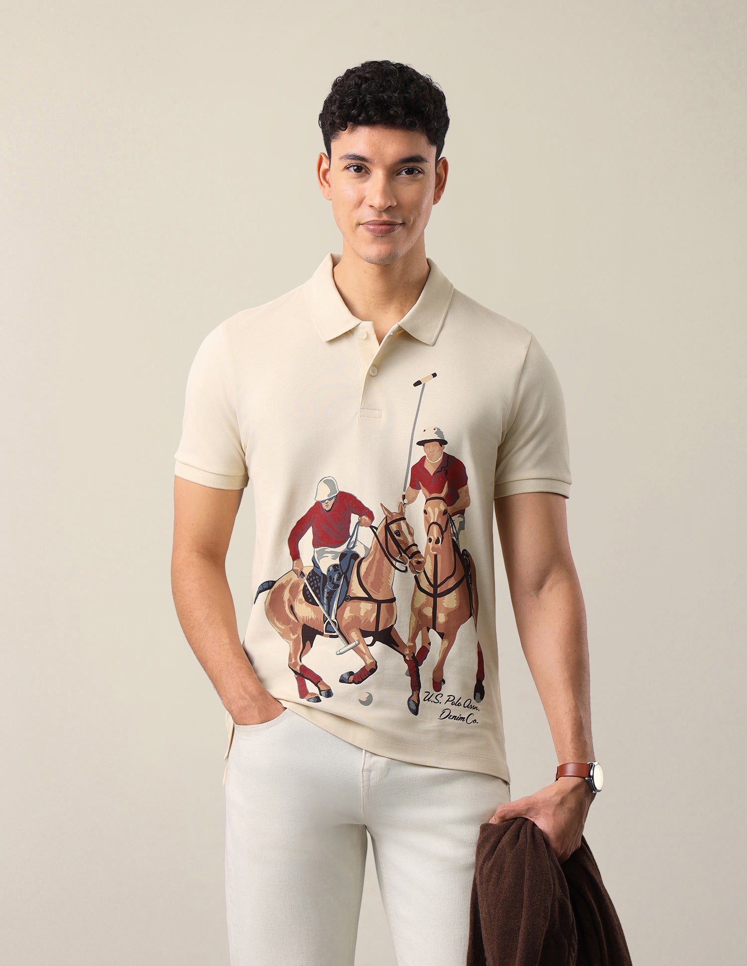 Graphic Brand Printed Slim Fit Polo Shirt Ecru - U.S. Polo Assn. India | Large