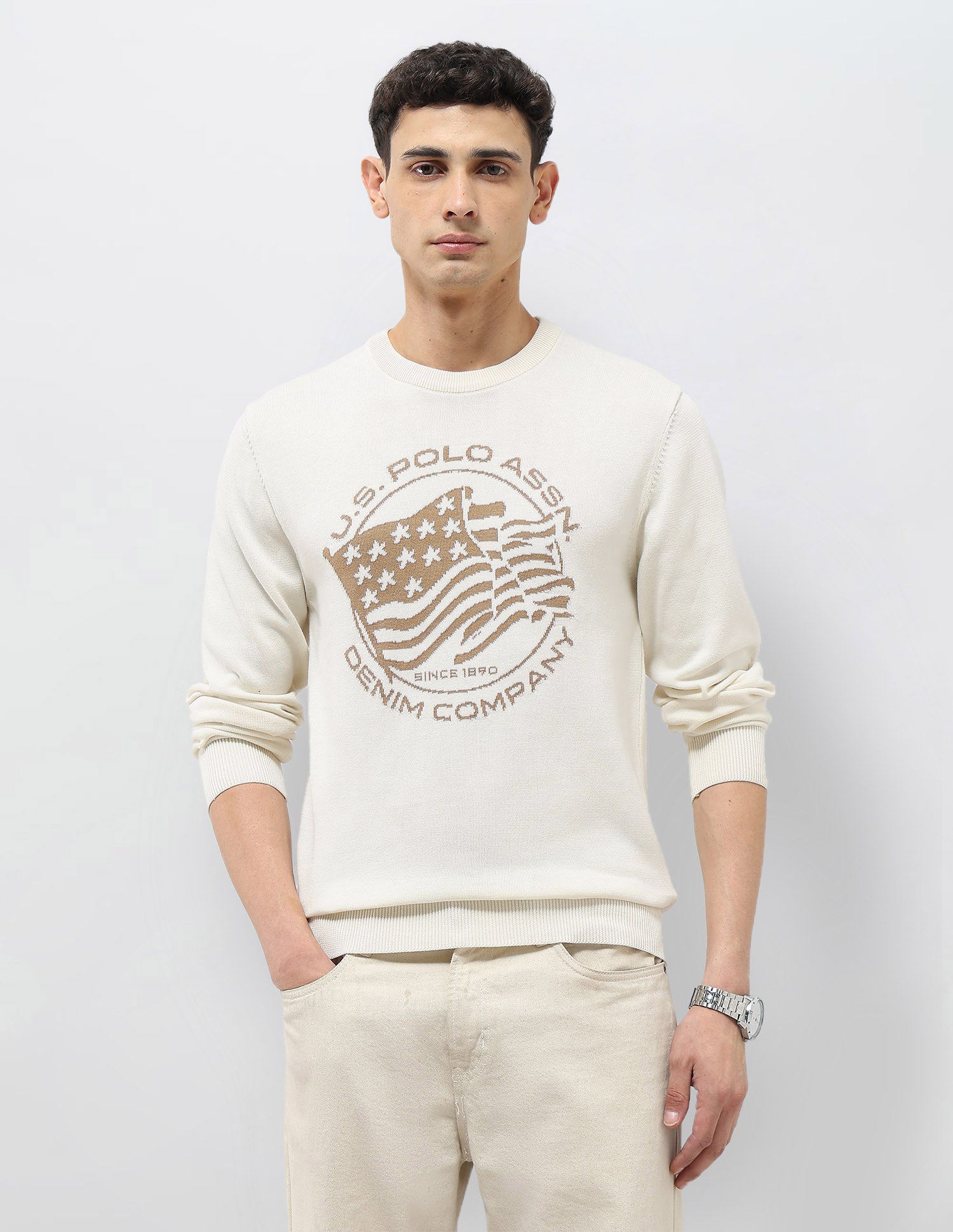 Brand Patterned Knit Regular Fit Sweater