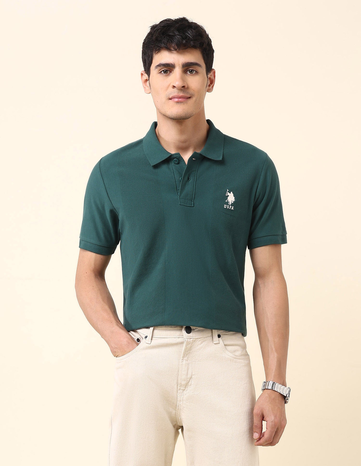 Textured Pure Cotton Classic Polo Shirt Dark Green - U.S. Polo Assn. India | Large