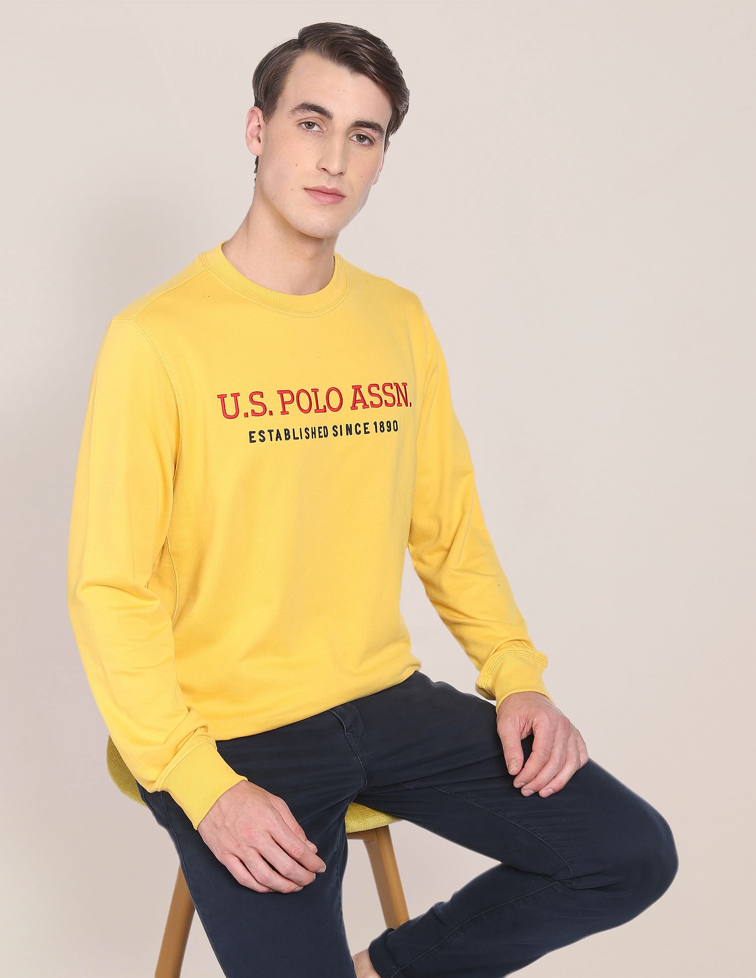 Contrast Stripe Crew Neck Sweatshirt Yellow - U.S. Polo Assn. India | Large