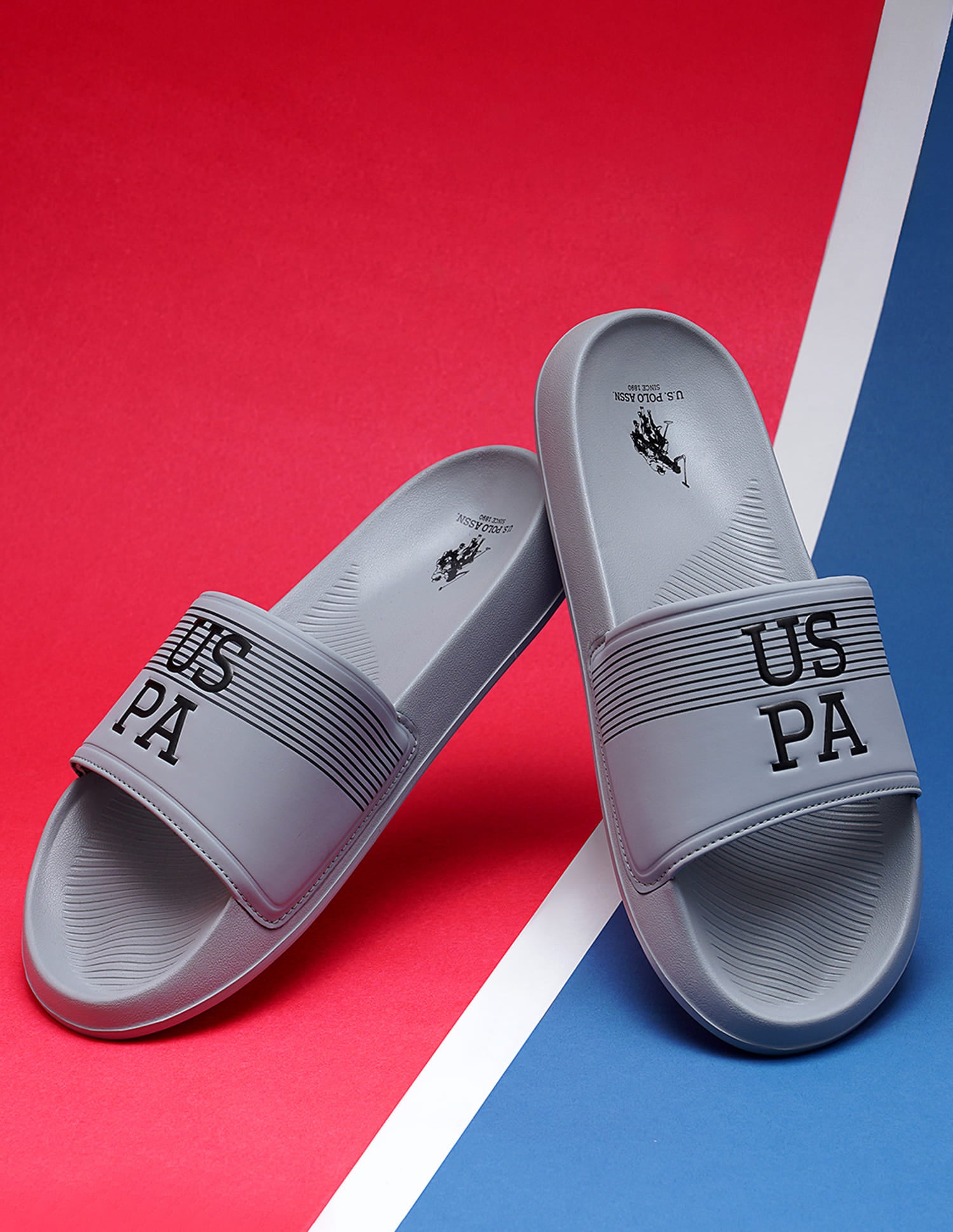 Men Brand Print Open Toe Beesley 6.0 Slides Grey - U.S. Polo Assn. India | Large