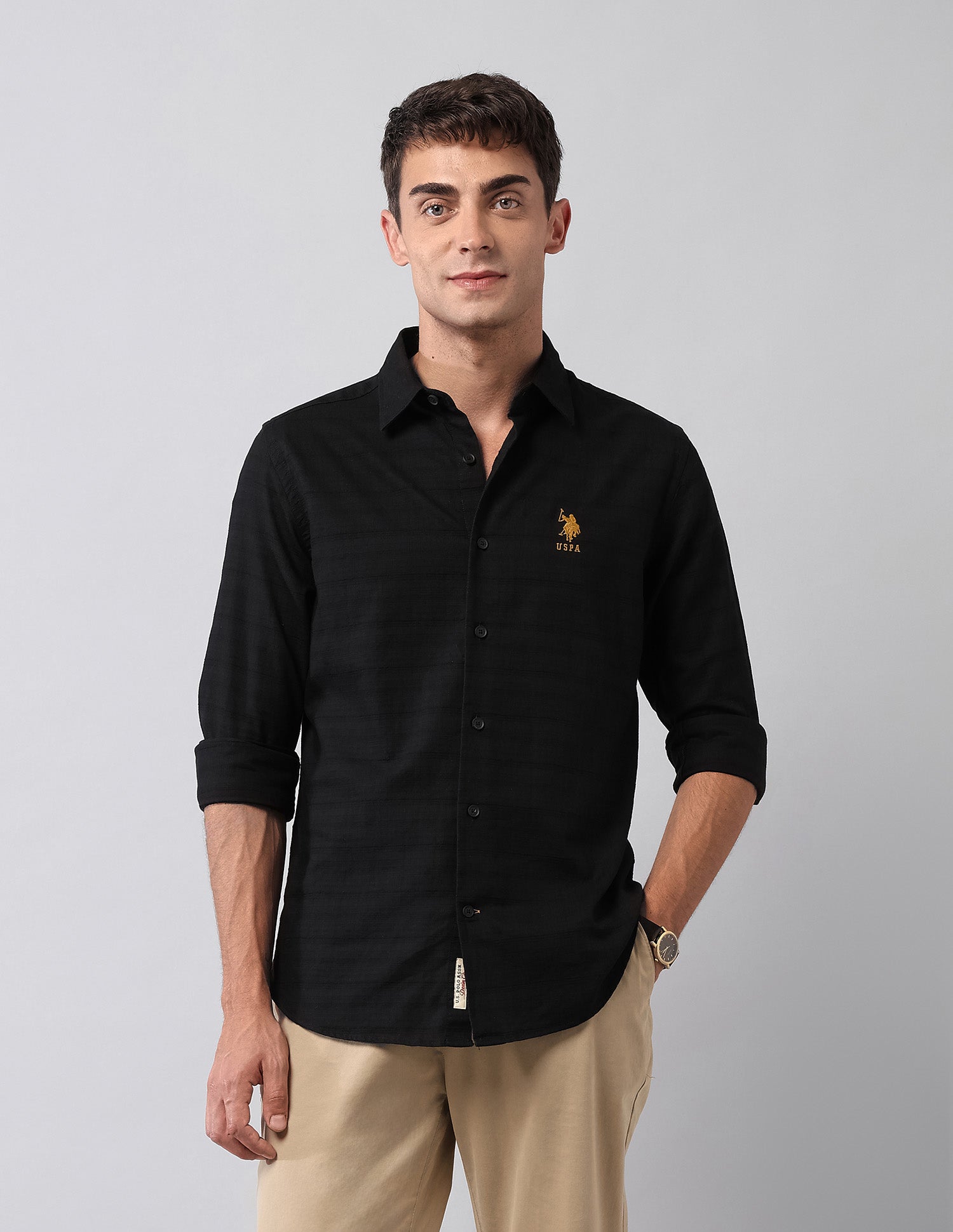 Textured Regular Fit Shirt Black - U.S. Polo Assn. India | Large