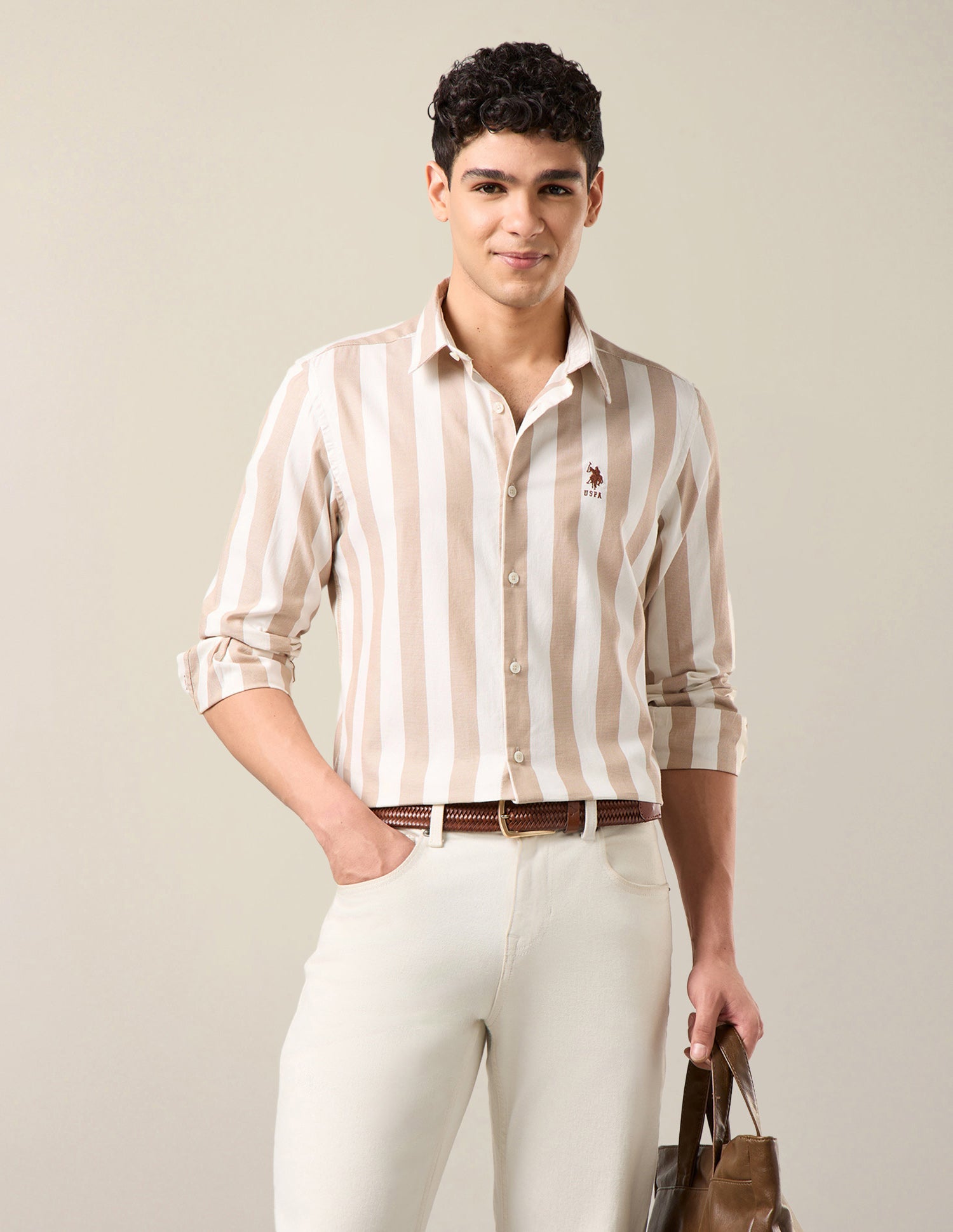 Vertical Striped Regular Fit Shirt Khaki - U.S. Polo Assn. India | Large
