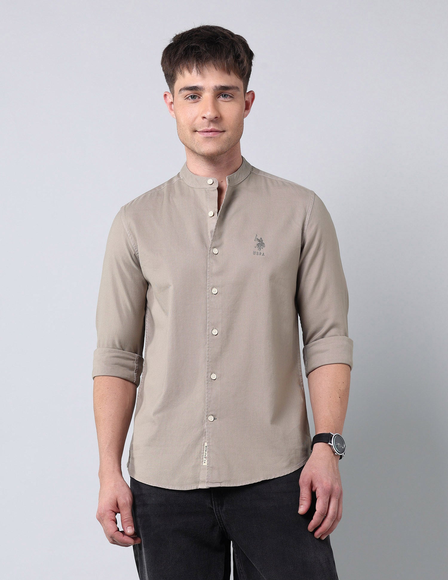 Solid Pure Cotton Twill Shirt Khaki - U.S. Polo Assn. India | Large
