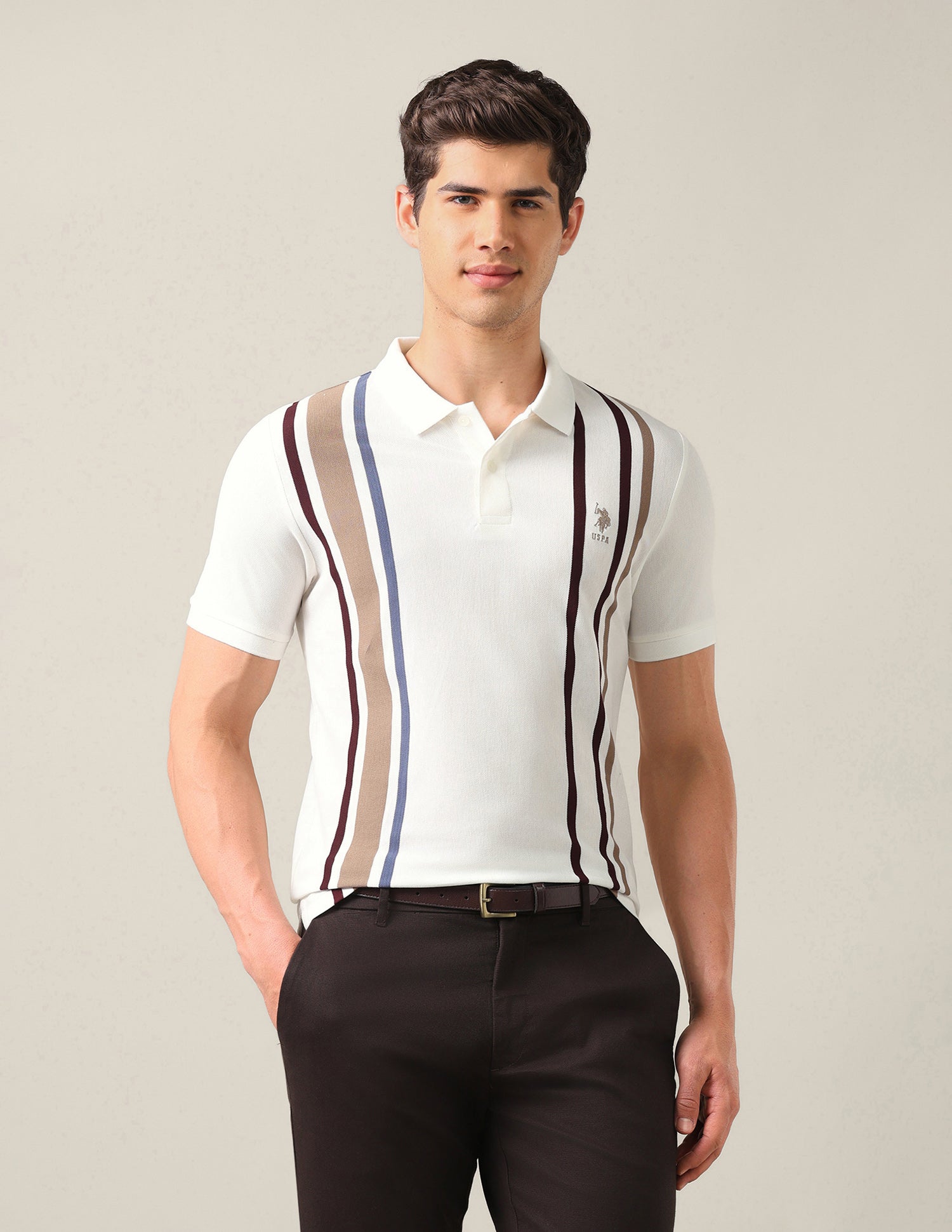 Vertical Striped Slim Fit Polo Shirt Off White - U.S. Polo Assn. India | Large