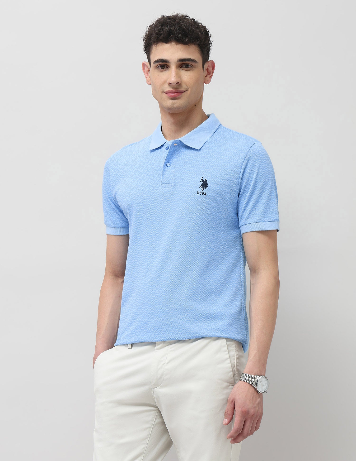 Slim Fit All Over Printed Polo Shirt Light Blue - U.S. Polo Assn. India | Large
