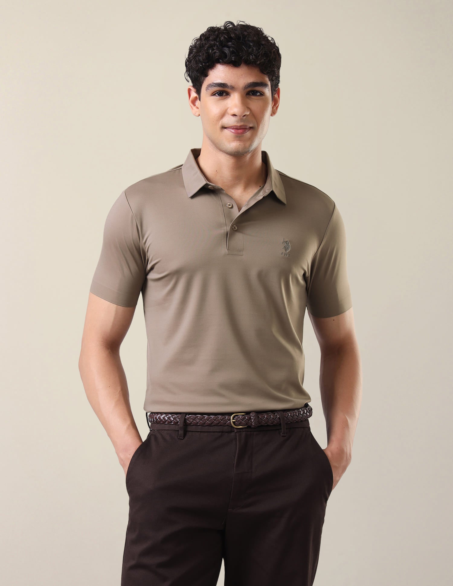 Solid Slim Fit Polo Shirt Light Brown - U.S. Polo Assn. India | Large