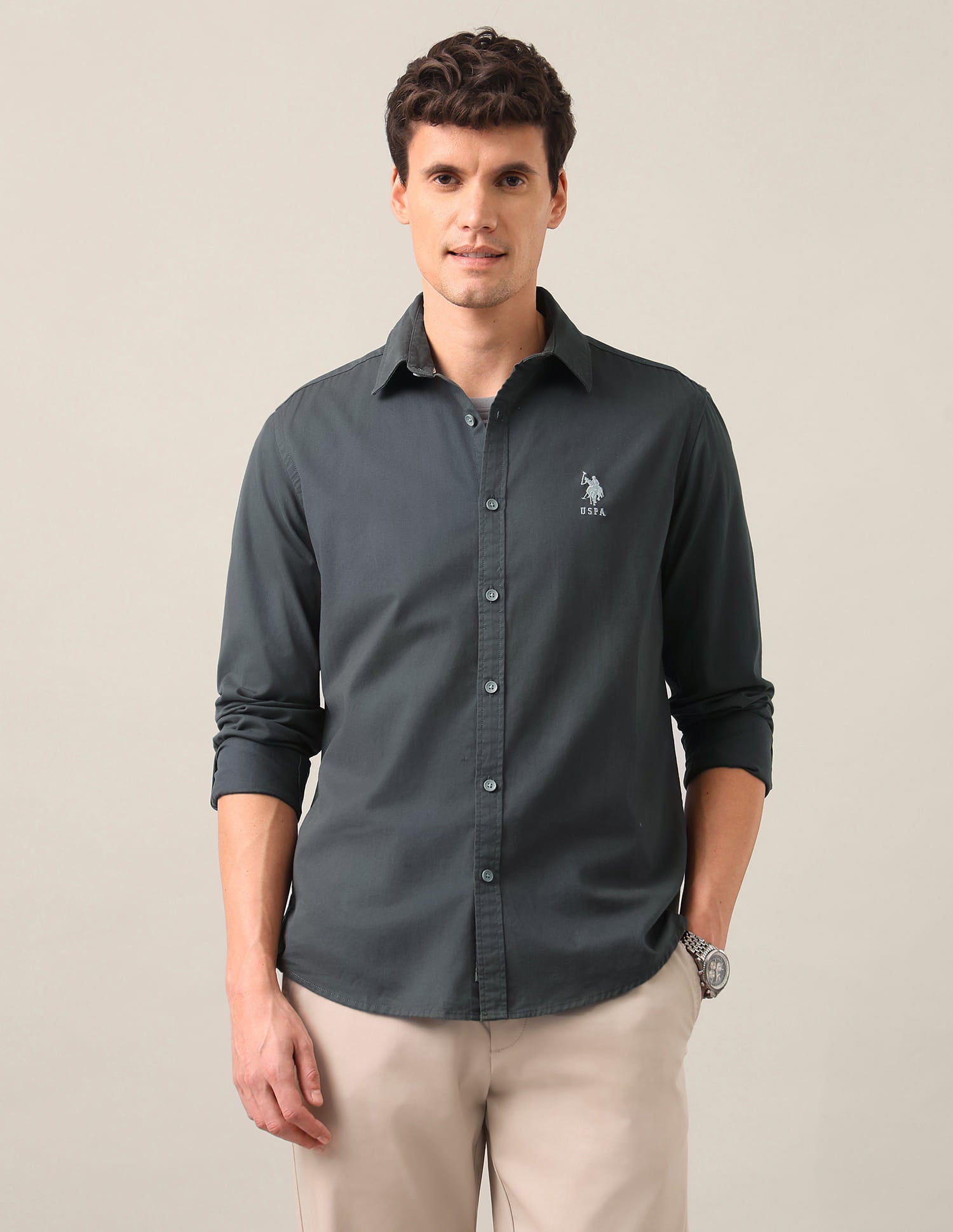 Regular Fit Twill Shirt Grey - U.S. Polo Assn. India | Large