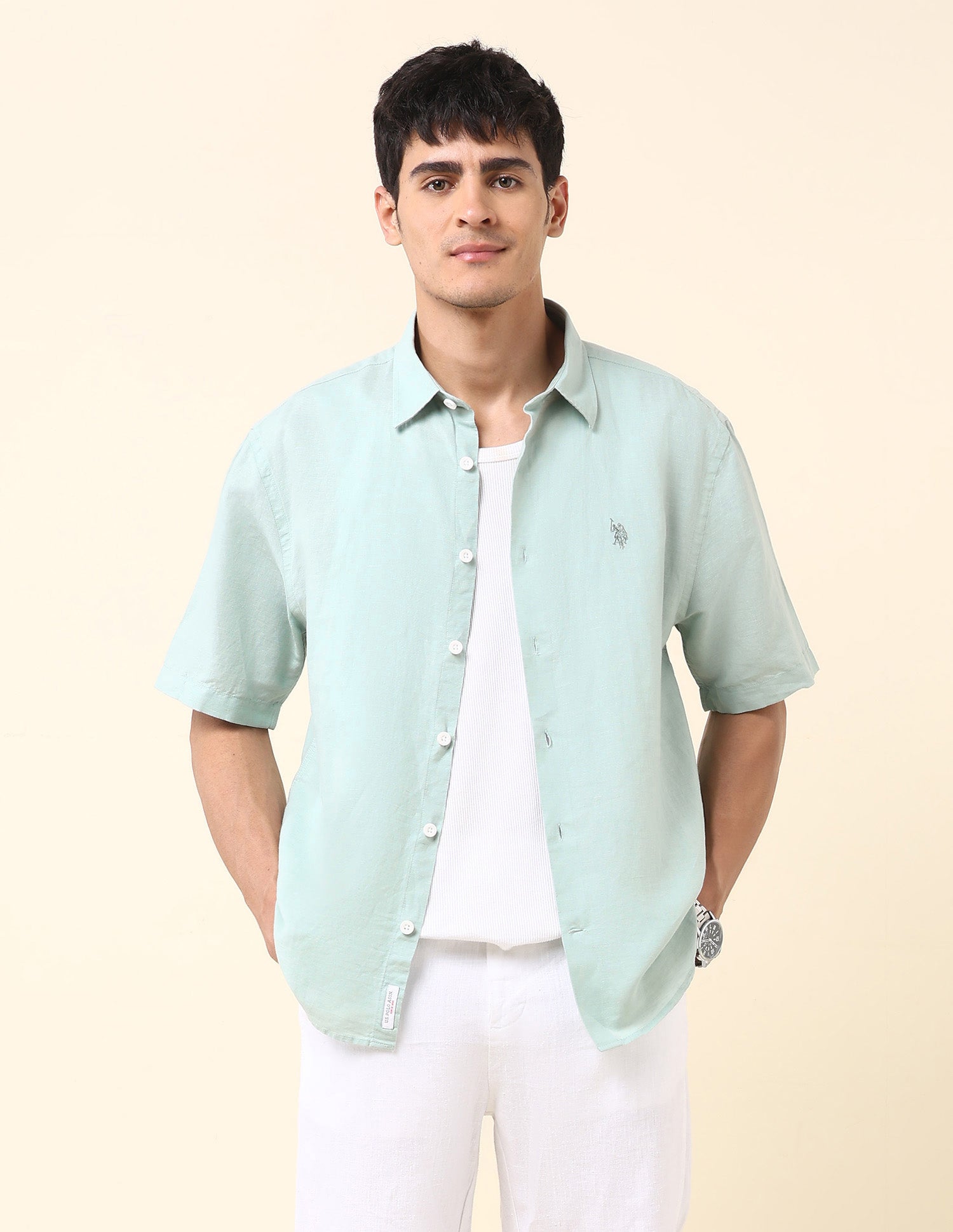 Solid Tailored Fit Amsler Shirt Light Green - U.S. Polo Assn. India | Large