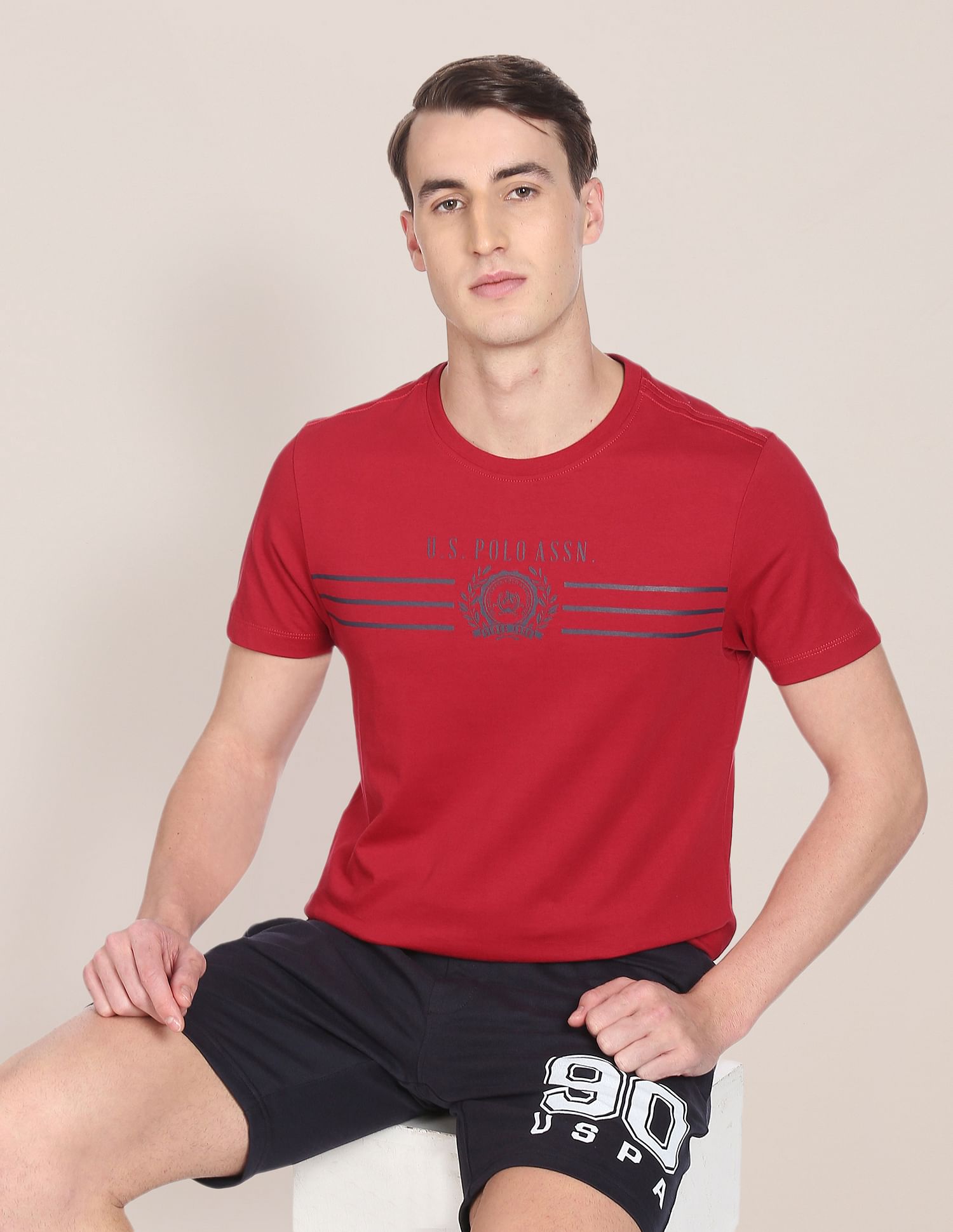 Crew Neck Brand Print Cotton T-Shirt Red - U.S. POLO ASSN. | Large