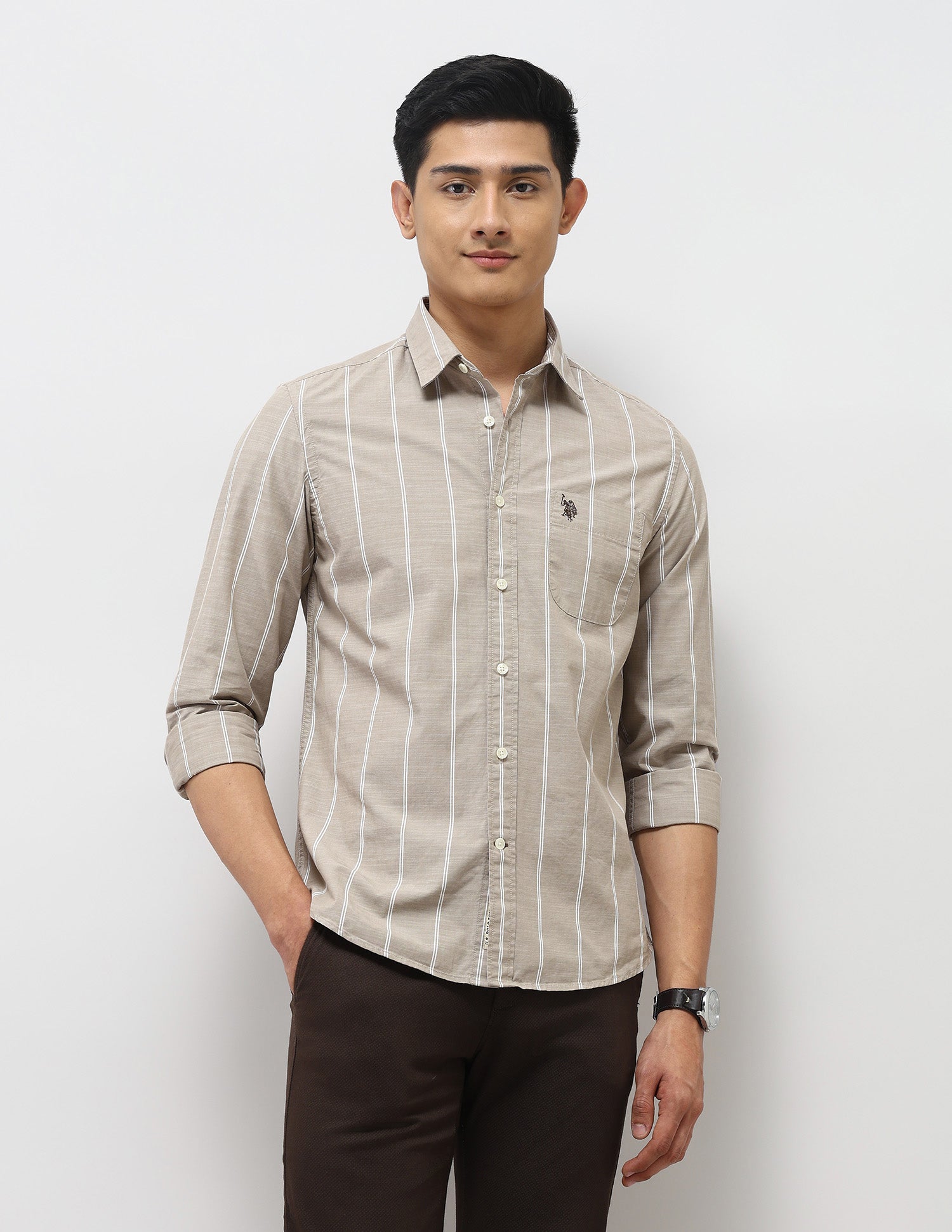 Vertical Striped Pure Cotton Shirt Light Brown - U.S. Polo Assn. India | Large