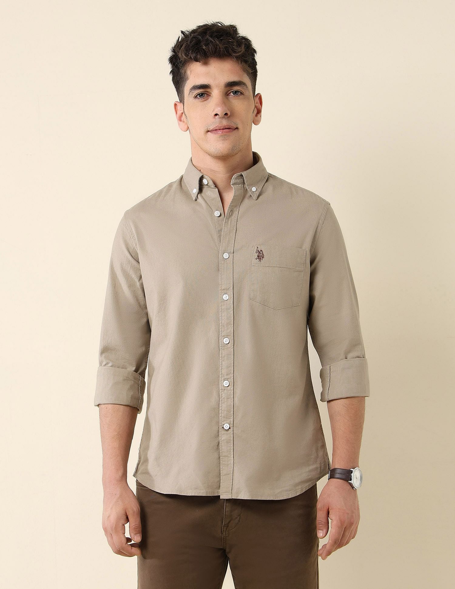 Oxford Stretch Button Down Shirt Light Khaki - U.S. Polo Assn. India | Large