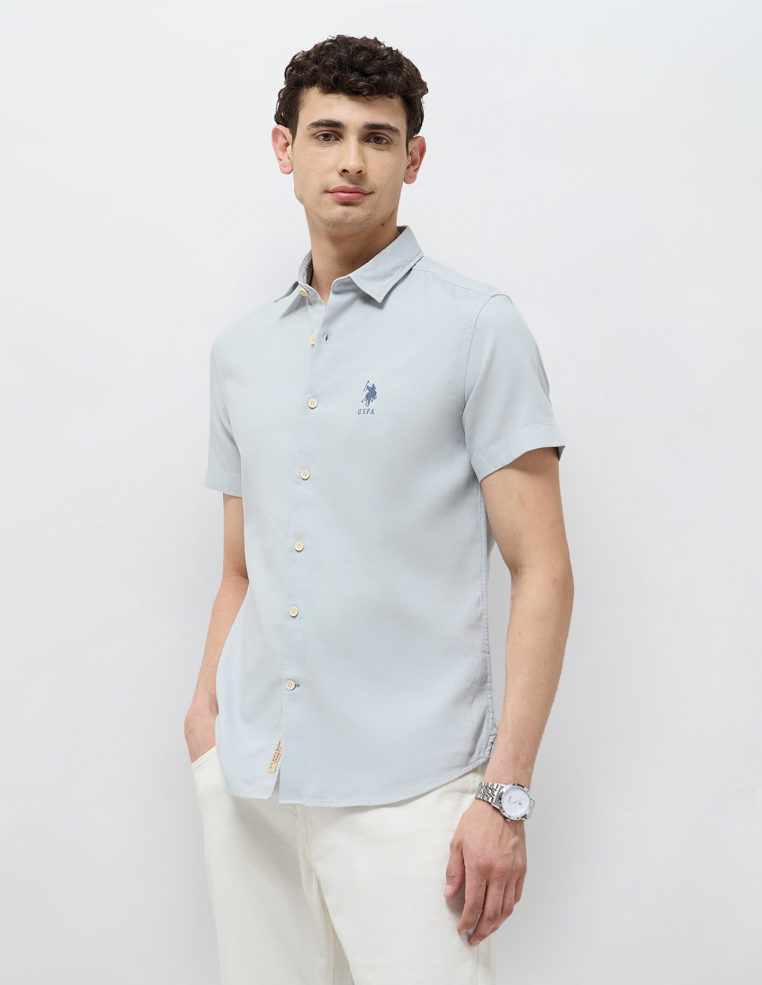 Textured Regular Fit Dobby Shirt Light Blue - U.S. Polo Assn. India | Large