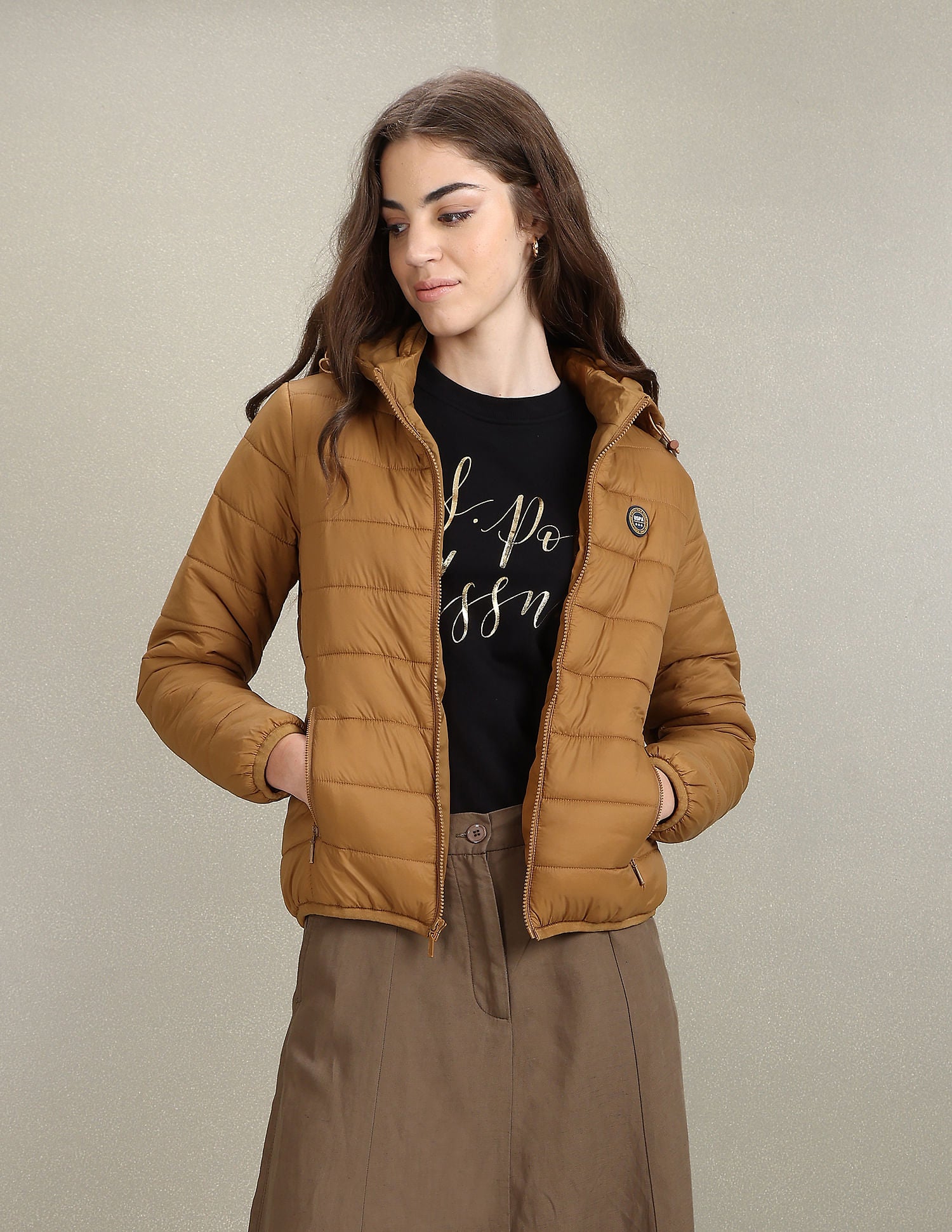 Nylon Hooded Puffer Jacket Tan - U.S. Polo Assn. India | Large