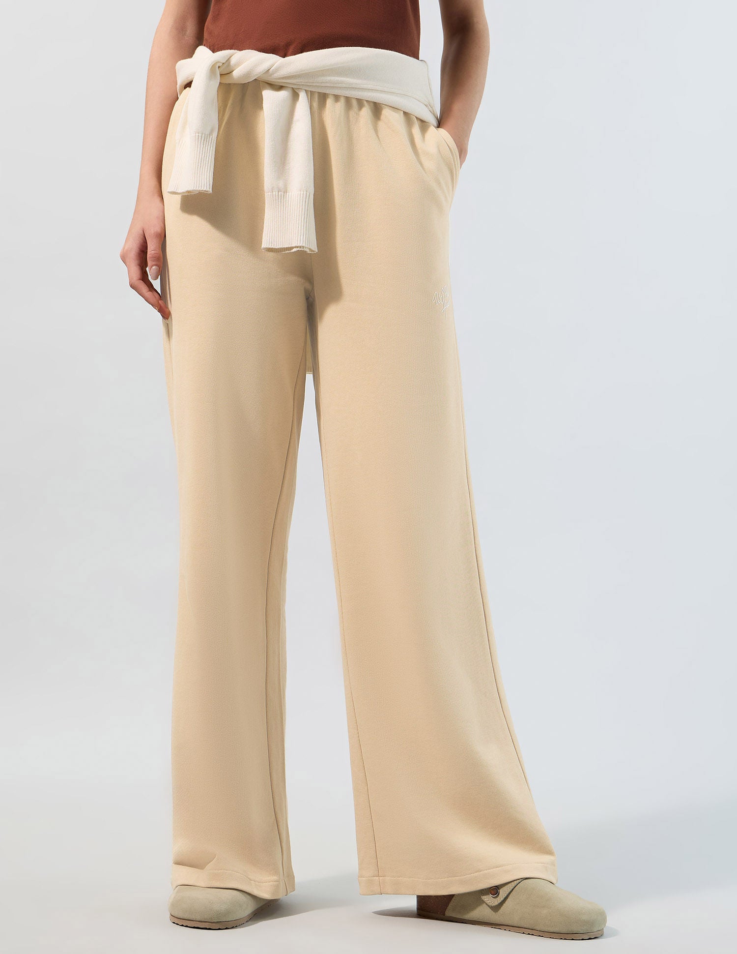 Wide Leg Fit Solid Trousers Beige - U.S. POLO ASSN. | Large