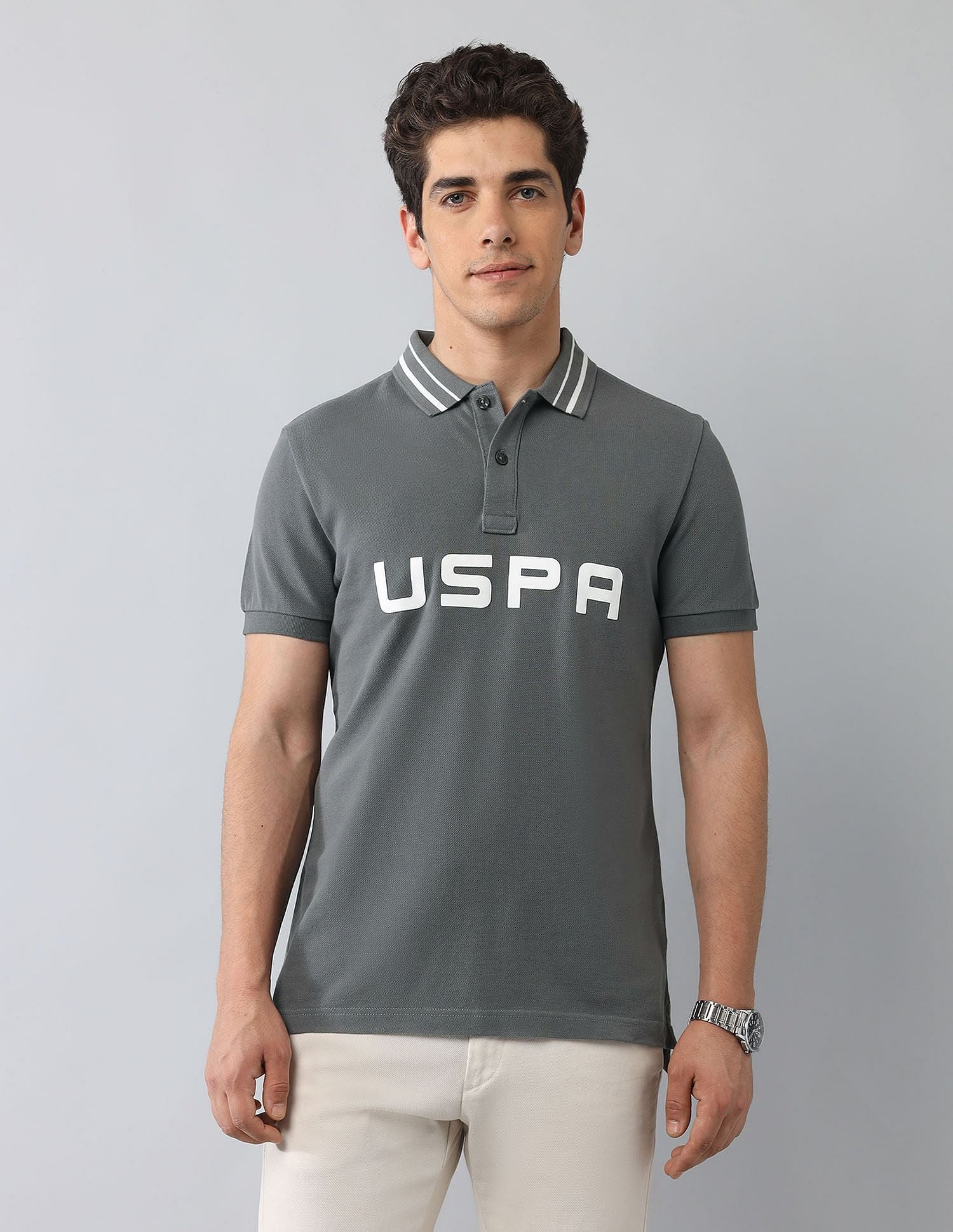 Muscle Fit Brand Printed Polo Shirt Dark Grey - U.S. Polo Assn. India | Large