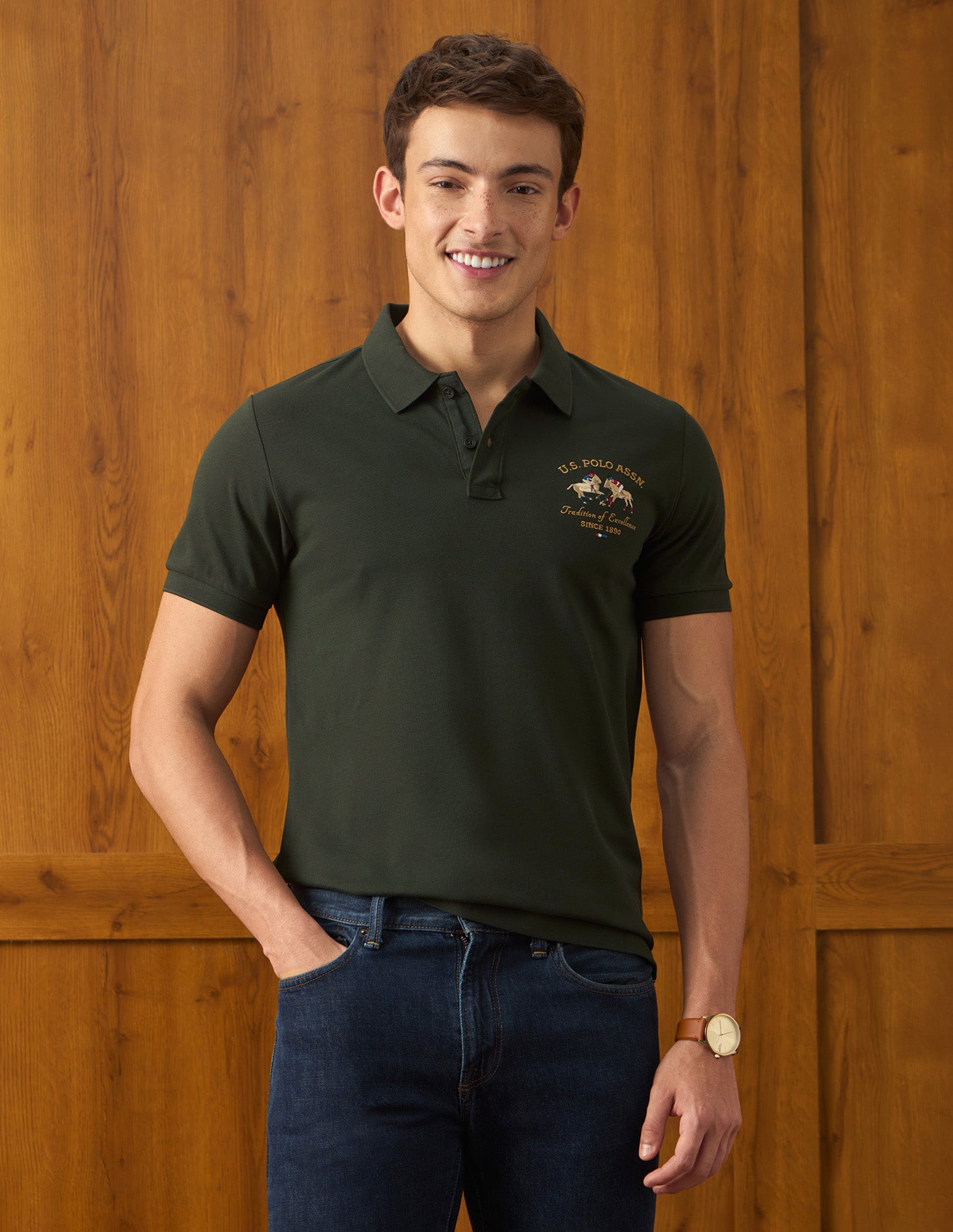 Solid Slim Fit Polo Shirt Olive - U.S. Polo Assn. India | Large