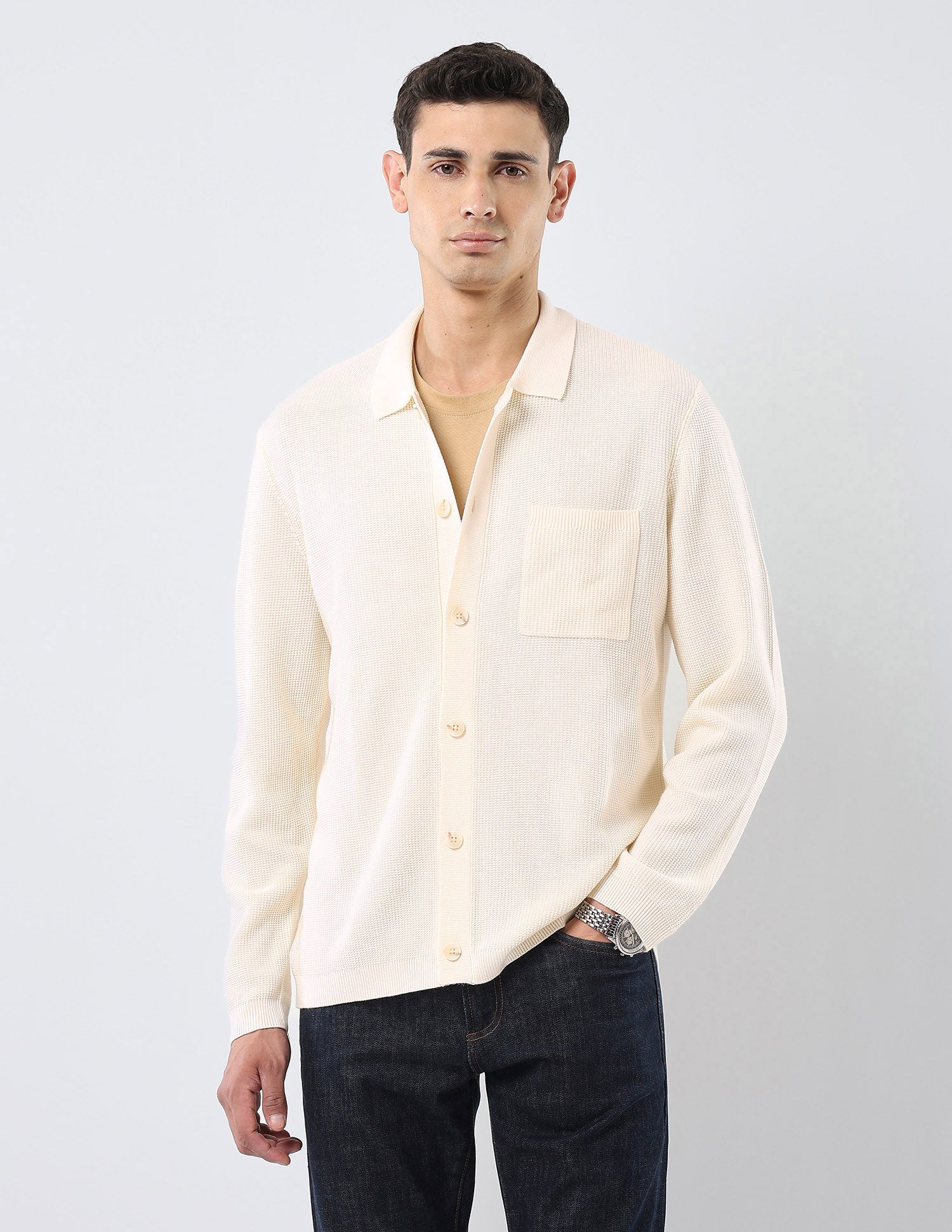 Patterned Knit Polo Neck Sweater