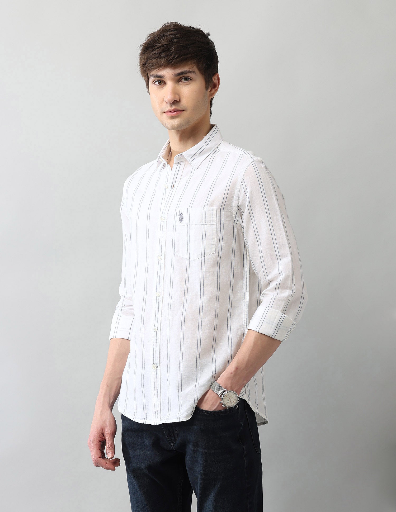 Vertical Striped Regular Fit Poplin Shirt White - U.S. Polo Assn. India | Large