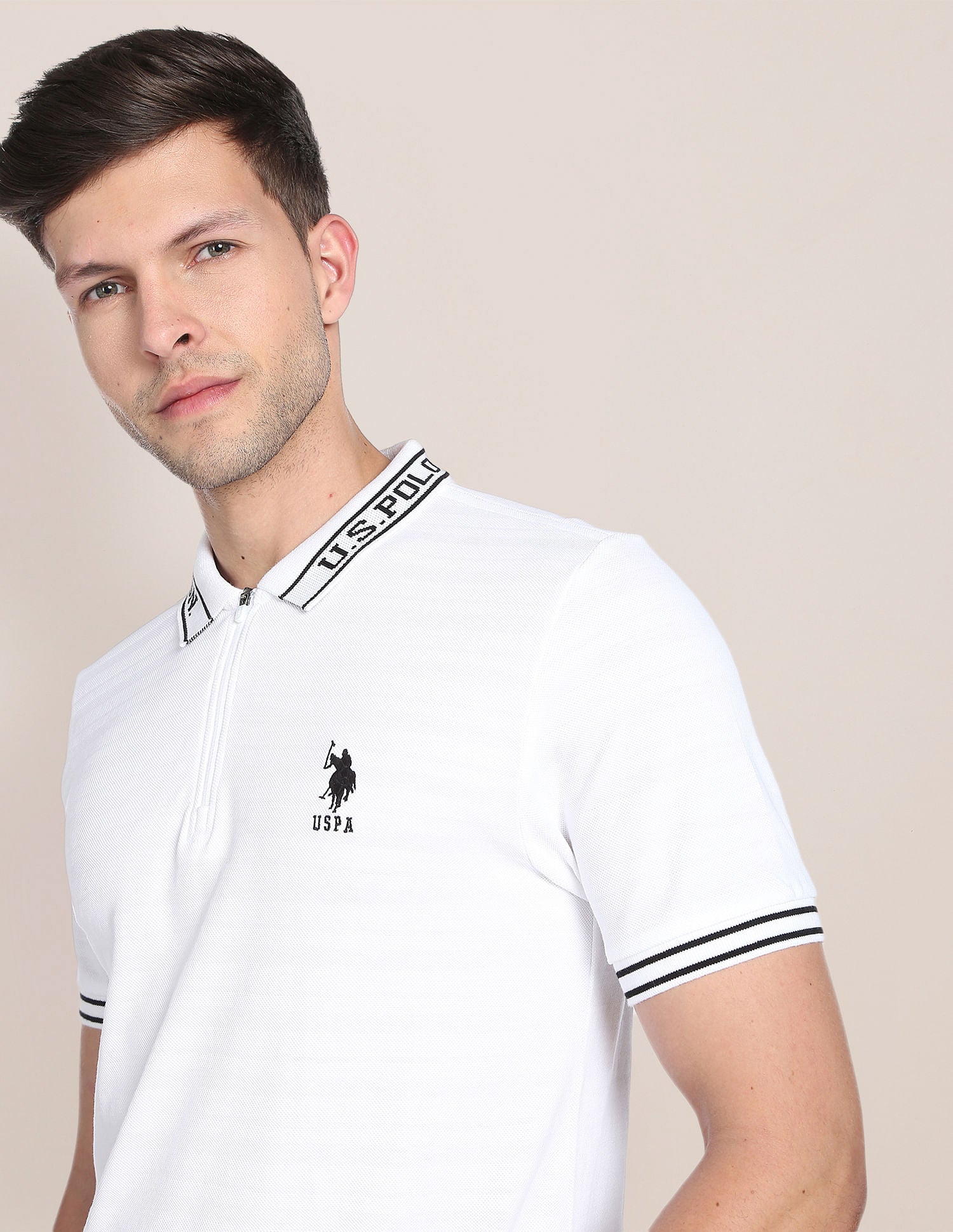 Branded Collar Jacquard Polo Shirt White - U.S. Polo Assn. India | Large