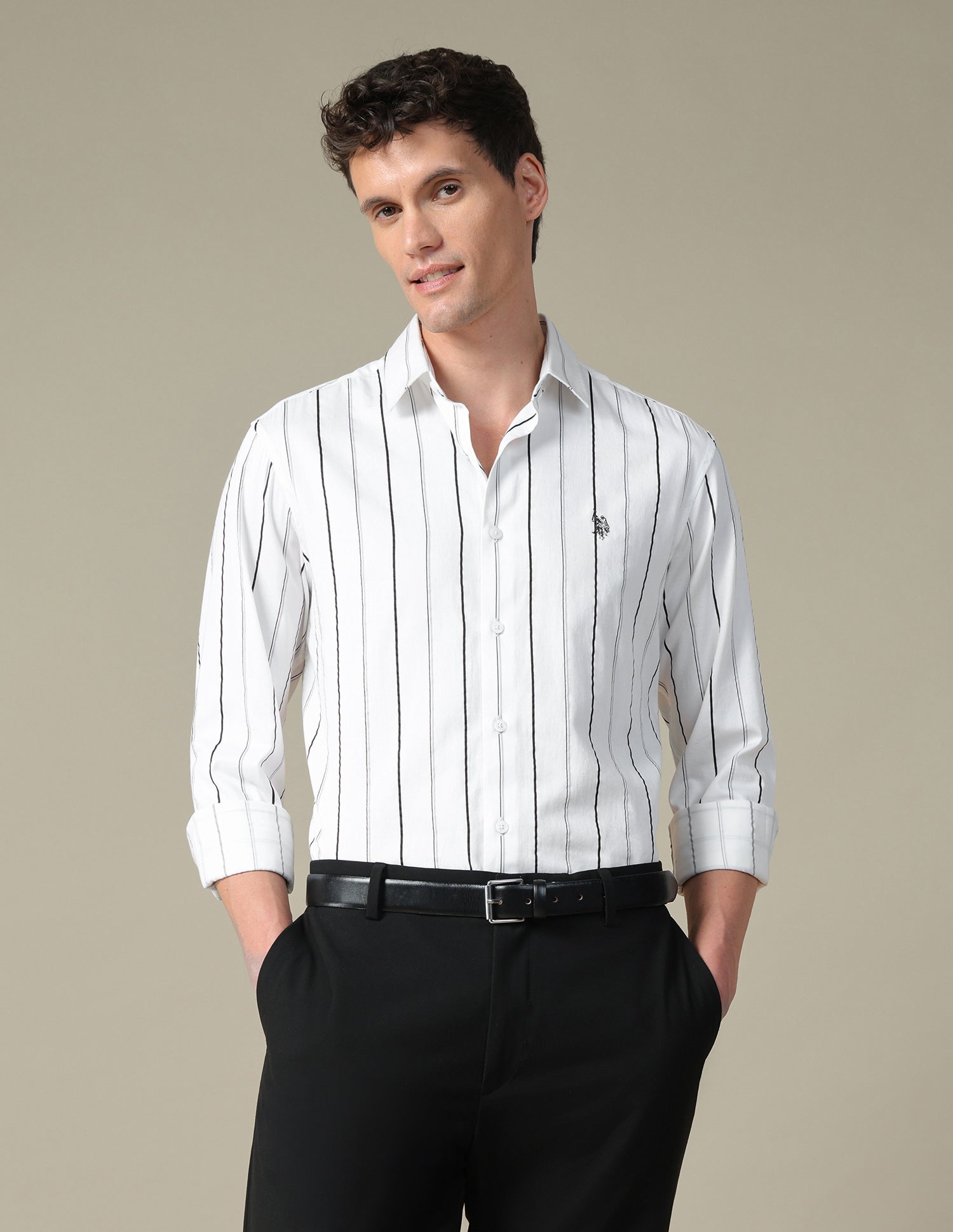 Vertical Striped Satin Shirt Light Grey - U.S. Polo Assn. India | Large