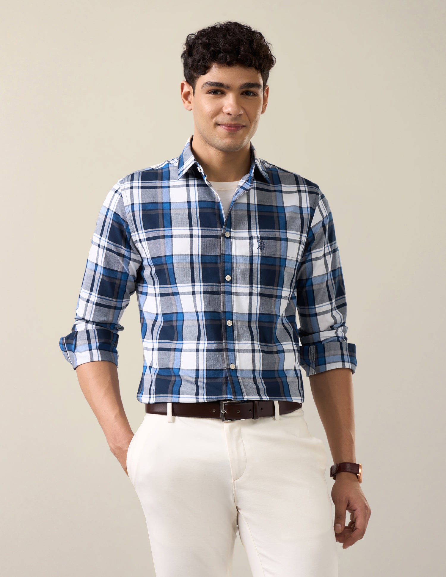 Grid Tattersall Checked Tailored Fit Shirt Navy - U.S. Polo Assn. India | Large