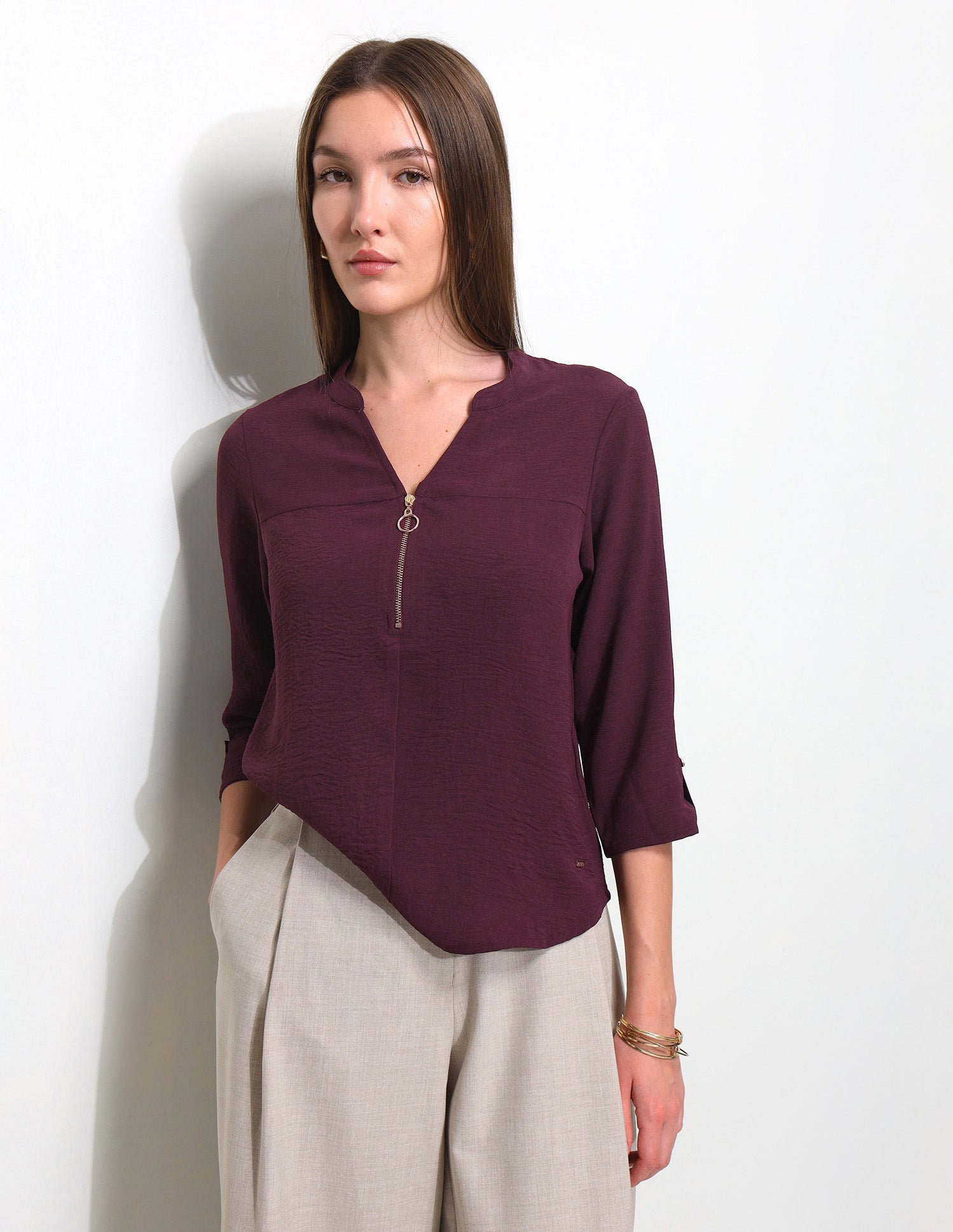 Cut And Sew Solid Front Zip Top