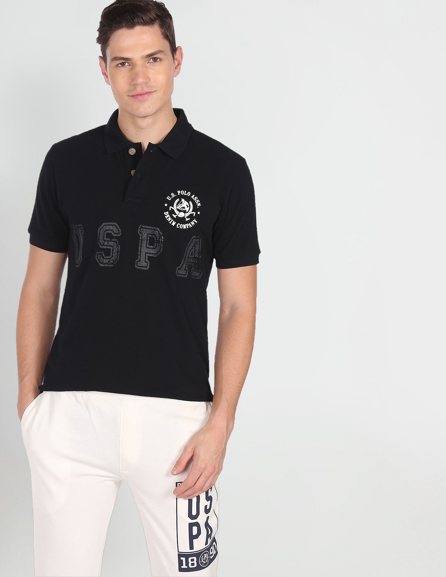 Brand Print Cotton Polo Shirt Black - U.S. POLO ASSN. | Large