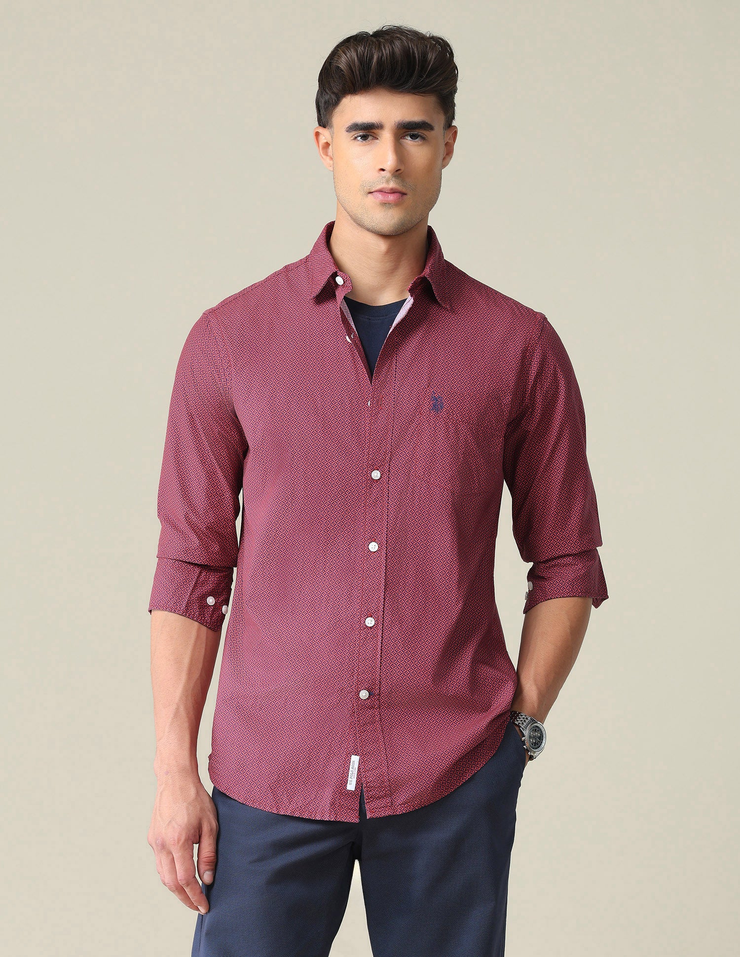 Spread Collar Geometric Shirt